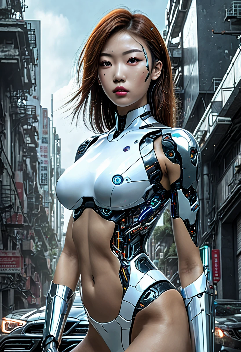 1 woman, 18 years old,  full body, White T-shirt,  black stockings ,((anatomically beautiful face)) (Slim body)( big boobs),(The ultra-detailed stocking expression ), ( cyborg : 1.5),  The background is a ruined city block, Vivid details, Advanced Cyberpunk, hyper- realistic, 8k,  best quality, masterpiece,  Very Detailed ,((Anatomical perfection )) ( realistic, photo- realistic: 1.37), (((( Korean)))