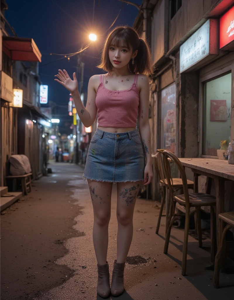 NSFW, mud, dirt, xlr_skin, 3am,
realistic, Press photo, Documentary Technique,
hasselblad, 85mm f1.4 zeiss lens, HDR,
(full body visible:1.5), 
In this photo she is seen from head to toe,
the ground she is standing on is wet,
facing the camera, looking at the camera,
young korean girl,
pony tail, bangs,
arin is Cheap hookers in the slums, poor whore, slutty whore, (very young whore:1.3), 
arin is ultimate_beautiful_girl,
she is lowteen,
big round brown eyes, 
she has very white skin, 
Her skin is very white but covered with numerous scars and bumps,
she has dark brown hair, 
her legs is fat, 
The costume consisting of a tank top on top and an ultra-miniskirt on bottom is a stage outfit she wore when she was an idol but it is old and very dirty,
Her clothes are so stained that their original pink colours are barely recognisable,
her clothes are thin,
Her clothes are old and very dirty,
She is not wearing underwear, 
she is not wearing panties,
she is very dirty,
One of her tattoos is a picture of a poop and is very noticeable,
She is in the early stages of pregnancy,
The bulge in her stomach is still not noticeable,
Her hair is very dirty,
Her skin is very dirty,
She's disillusioned with life and feeling hopeless,

She is a slum dweller and is very dirty,
she looks unhealthy,
she prostitutes herself in the slums,
her customers are beggars,
she has many wart,
she has many scars,
Her clothes have a lot of stains,
some of stains are black some yellow some red,
Her clothes are torn in places,

The slums are dark at night, 
only the brothel's red lantern glows dimly,
She beckons the men with a blank look on her face,
A room in a cheap apartment in a slum, 
She lives in a tiny, filthy room in the slums,
where she sells herself,
extremely small, 
windowless, 
messy room,
Dirty mattresses on the floor,
the room full of garbage, trush, garbage, sluminterior, porn, nude, cum, cum drip,  cumrag, cumrag clothes, cumrag object,  It's a dark night, it's dark,
