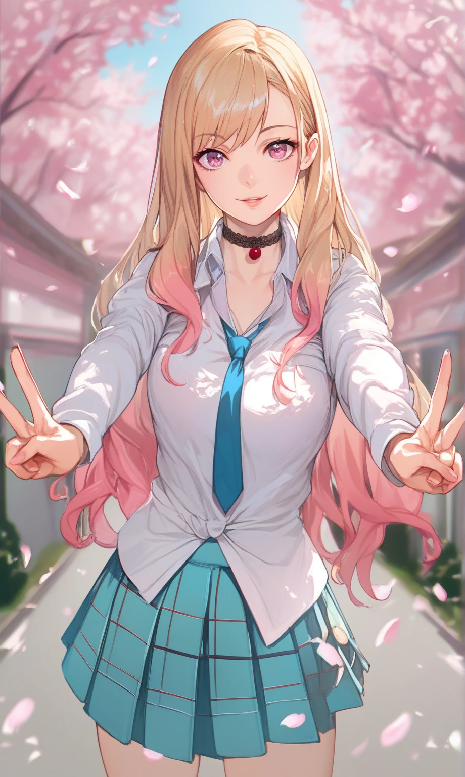 score_9, score_8_up, score_7_up, source_anime, 1girl, solo, outdoors, street, cherry blossoms, cowboy shot, looking at viewer, shiny skin, looking at viewer, standing, double v, outstretched arms, kitagawa_marin, pink eyes, blonde hair, long hair, gradient hair, choker, collared shirt, bracelet, long sleeves, blue necktie, blue skirt, plaid skirt, pleated skirt