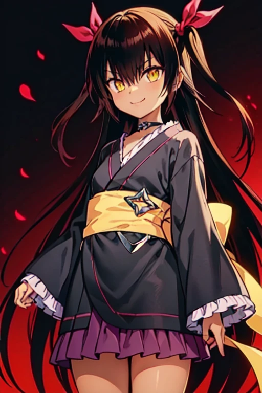 nemesis,best quality, long hair, black hair, two side up, hair ribbon, tan,. dark skin, black choker, frills, japanese black clothes, obi, purple hakama short skirt, standing,evil smile