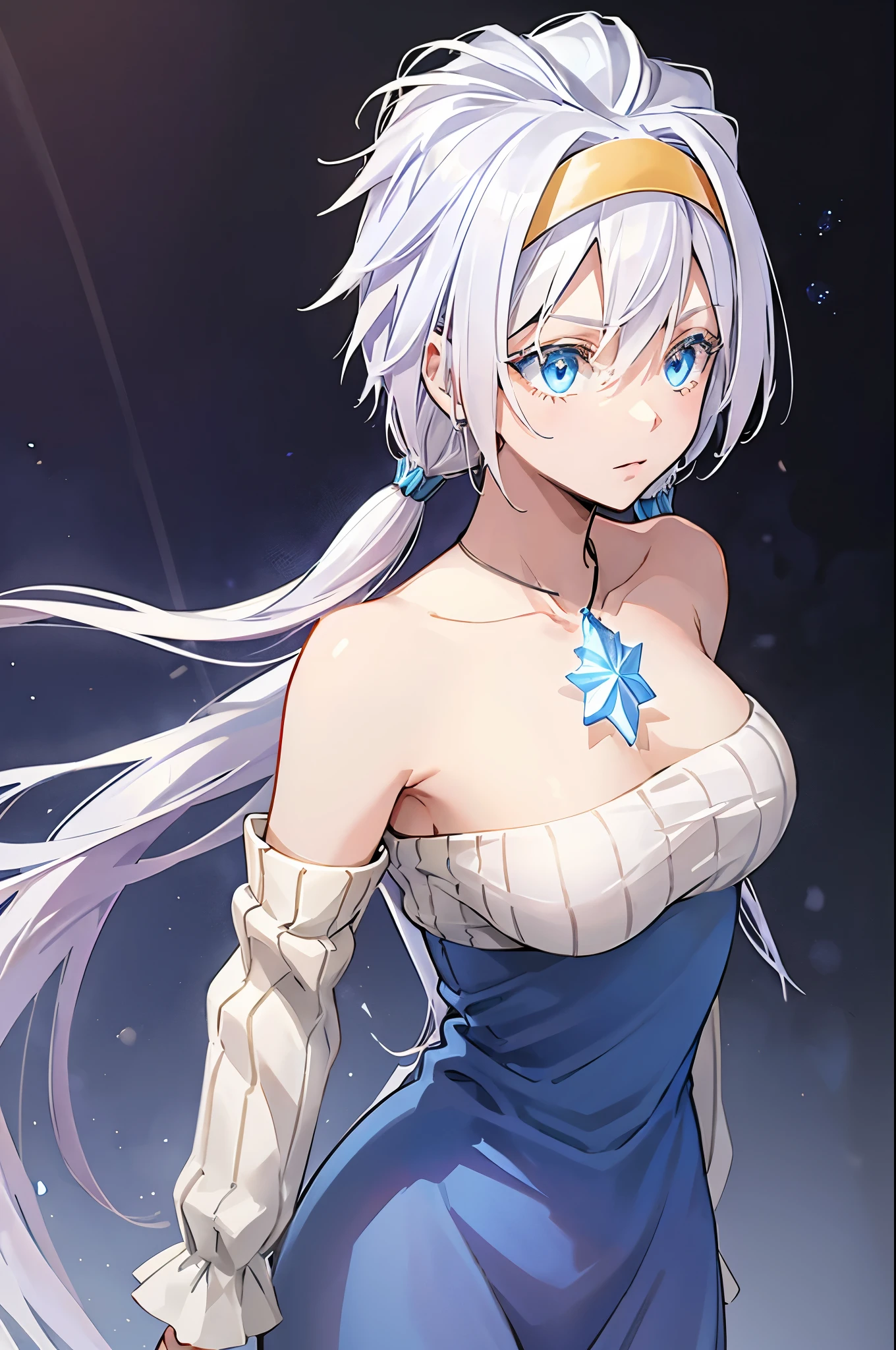 Young woman, long flowing white hair, blue eyed tinged with a shade of lavender, delicate skin, perfectly shaped hands, detailed hands covered in an icy aura. life-like portrayal, cold glinted eyes, masterfully crafted features, black cloak, black and cold detached sleeves, medium length combat dress, turtleneck jumpsuit, golden ornaments, gold headband