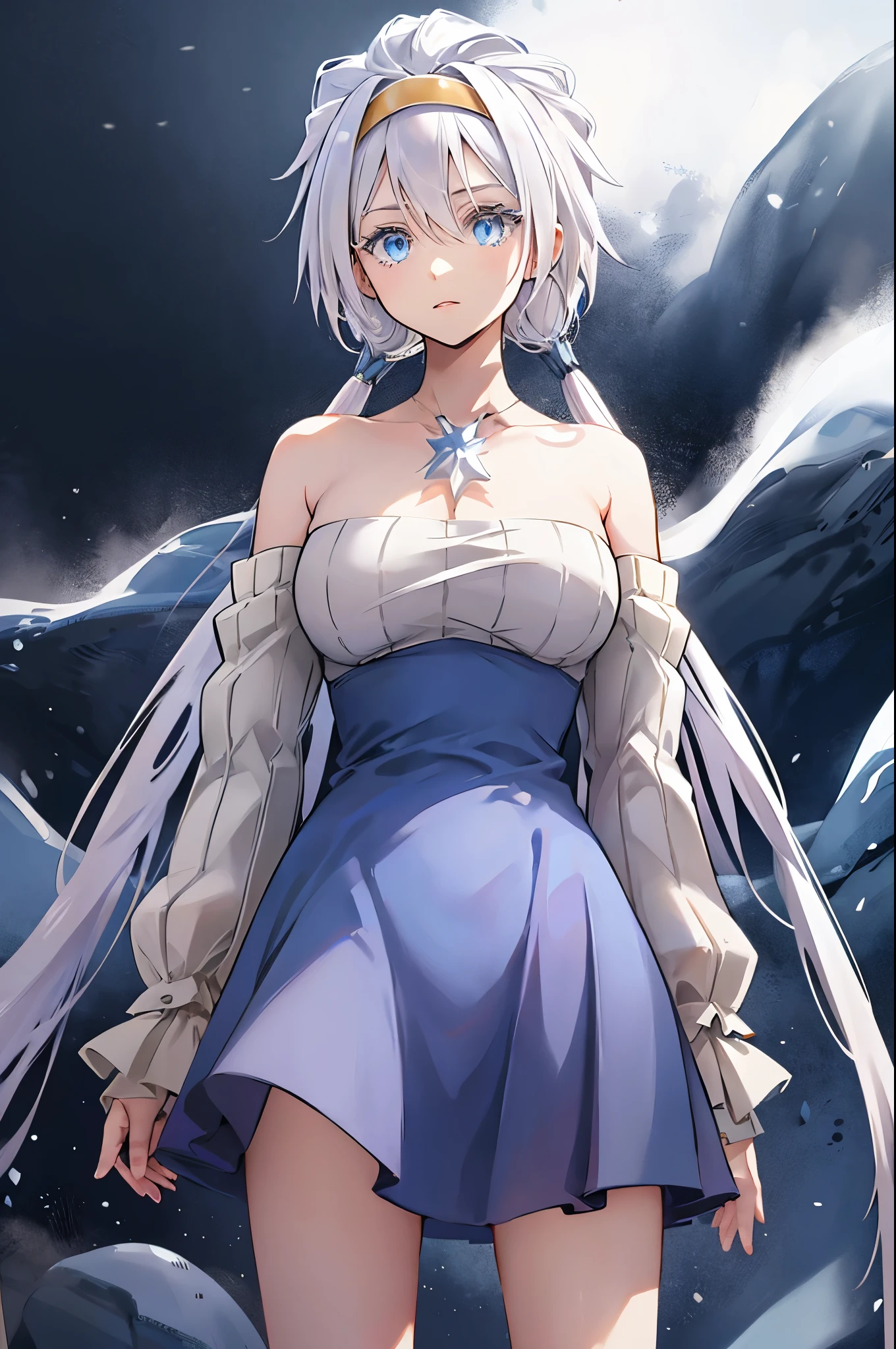 Young woman, long flowing white hair, blue eyed tinged with a shade of lavender, delicate skin, perfectly shaped hands, detailed hands covered in an icy aura. life-like portrayal, cold glinted eyes, masterfully crafted features, black cloak, black and cold detached sleeves, medium length combat dress, turtleneck jumpsuit, golden ornaments, gold headband