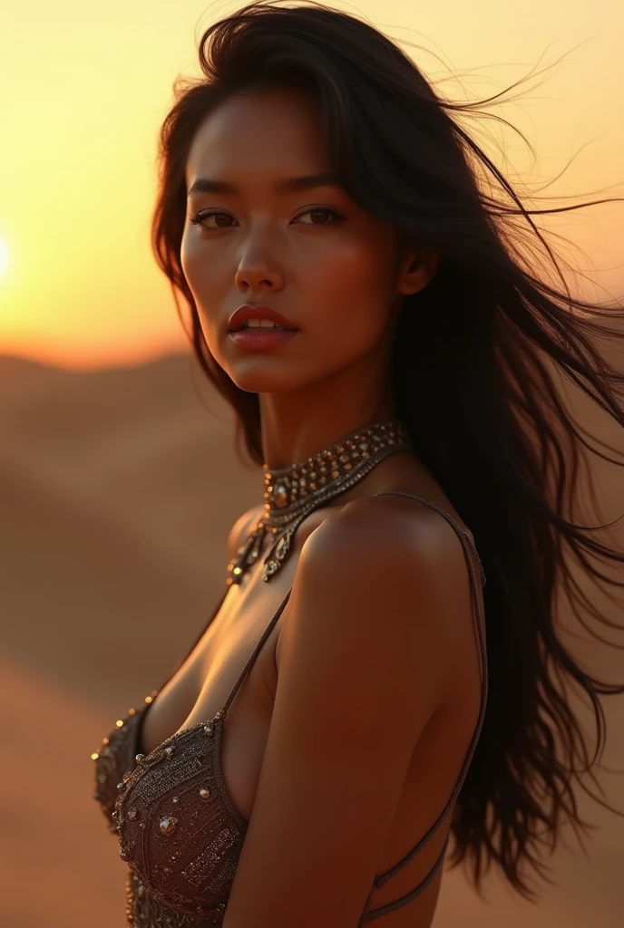 “(best quality,4k,height,Masterpiece:1.2),very detailed,(realistic,photorealistic,photo-realistic:1.37),Portrait,desert, Rifle, Fine texture, tattoo, incredible light, bright colors, , intense stare, Long, flowing hair, , Intricate engraving, Shell casing, dynamic gesture, strong facial features, Eye piercing, desert sunset, rough terrain, smoke trail, Powerful gestures, intense shadow, dust particles, complicated jewelry, Tribal pattern&quot;