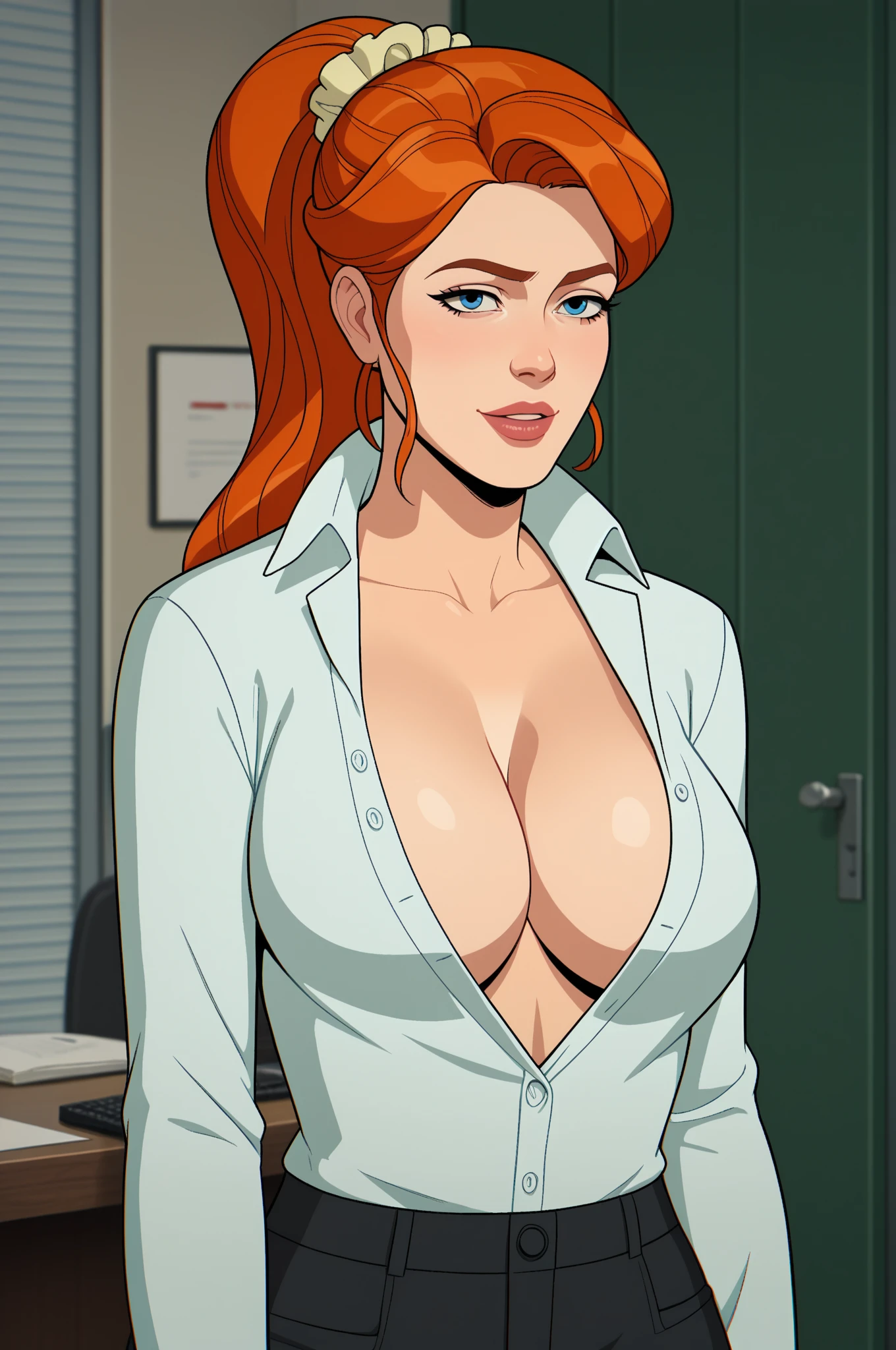 score_9, score_8_up, score_7_up, score_6_up, score_5_up, score_4_up, BREAK, 1girl, Jean, orange hair, blue eyes, ponytail, (curvy figure:1.2), Best quality, solo woman, pretty, seductive smile, mid length curly pretty red hair, open office uniform, unbuttoned , deep cleavage, very big breasts, full lips, seductive, mature