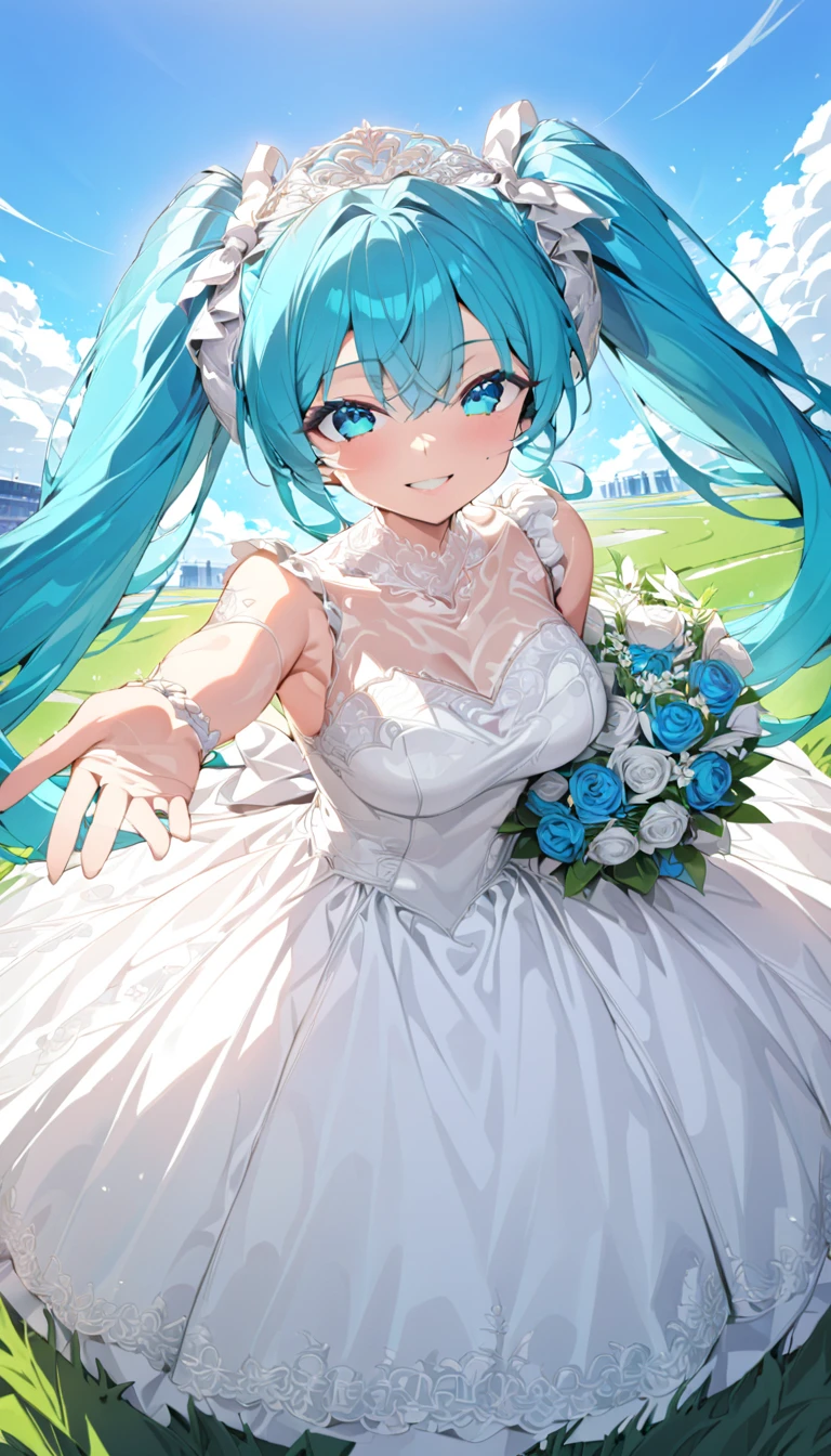 girl masterpiece, best quality high resolution, twintails, blue hair, blue eyes, very long hair, middle breast, detailed face, beautiful shape,  hatsune miku, wearing white wedding dress, white heel, holding flower bouquet, running, smiling, giving hand to the viewer, blue sky, turf,