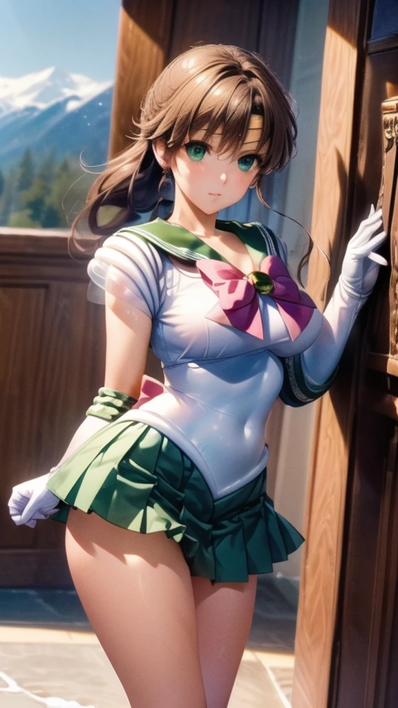 masterpiece, Highest quality, High resolution, Super detailed, smile, Woman with long red hair and bangs, ponytail,Bright Blue Eyes, Long eyelashes,eye shadow,Pale pink blush,Beautiful girl, Golden tiara on the forehead,choker,Sailor Warrior Uniforms,Green mini pleated skirt, Swimwear,Big Tits,(Open your legs and show them)