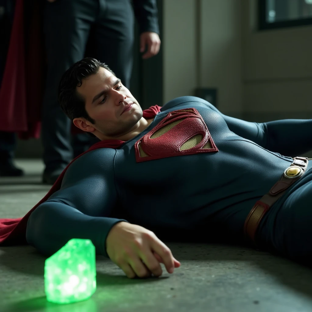 h3nr4, Henry Cavill, An attractive superman is captured lying on the ground. He has short hair combed back. He has a well-defined jaw, a small beard, he has a sexy and pained expression, his eyes are closed, suggesting that he is unconscious or incapacitated. He's trying to get up, his arm is outstretched. Near him is a glowing green crystal, probably kryptonite, that emits a bright light.