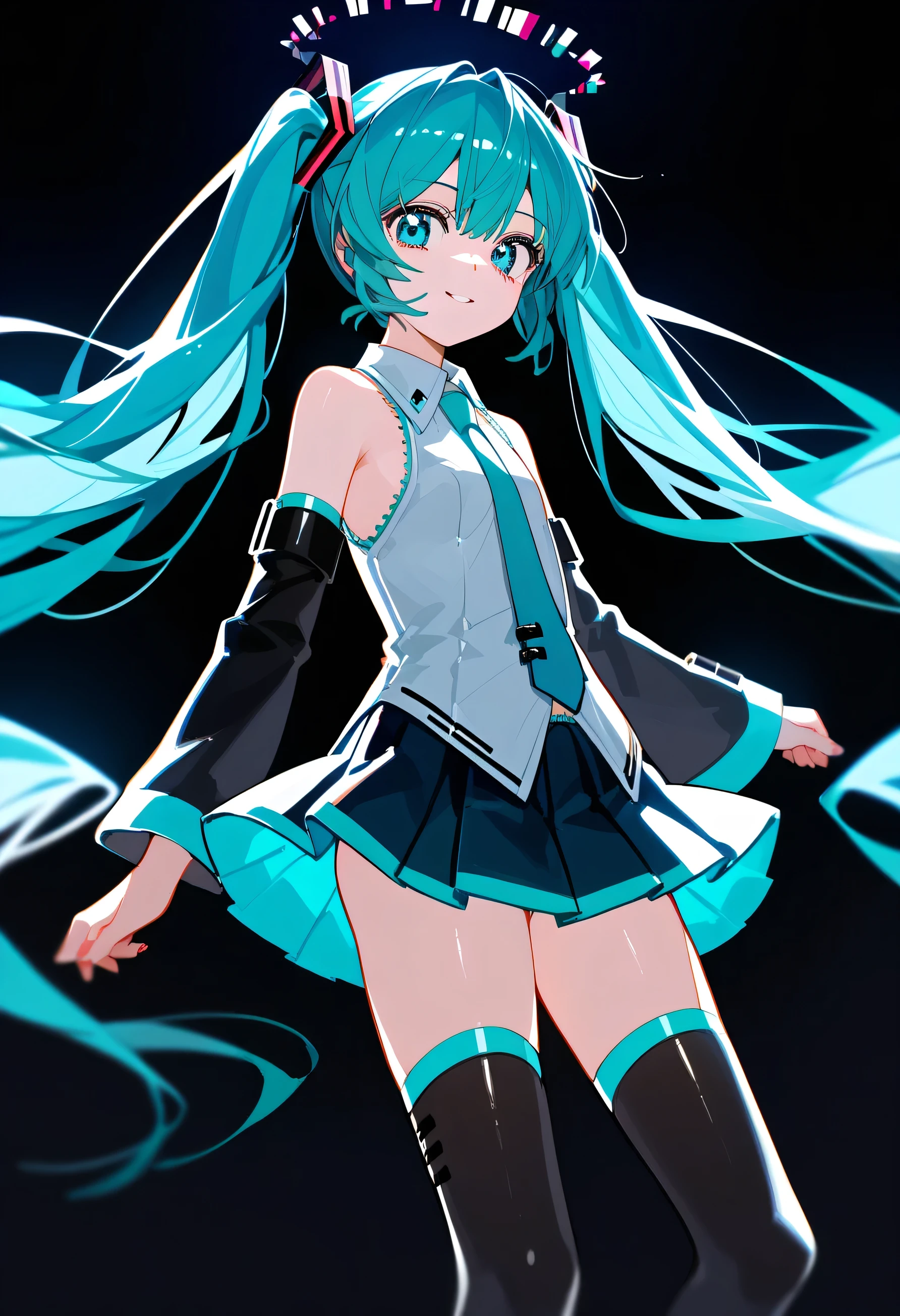 

[artist: wlop],artist: hitenkei,good work,(best quality),illustration,depth of field,(color),masterpiece,best quality,
1girl, solo, skirt, long_hair, twintails, hatsune_miku, detached_sleeves, blue_eyes, looking_at_viewer, blue_hair, thighhighs, shirt, very_long_hair, pleated_skirt, necktie, cowboy_shot, black_skirt, bare_shoulders, black_thighhighs, zettai_ryouiki, floating_hair, grey_shirt, sleeveless, sleeveless_shirt, hair_ornament, black_sleeves, miniskirt
,(dark),(sideways),((glowing)),glitch,horror \(theme\),vibrant,black background,colorful,abstract,bioluminescence,double exposure,distortion,holographic clothing,bloom,backlighting,sidelighting,
rella,wanke,konya karasue,yadu nadu,menma \(enaic31\),(quasarcake:0.8),john kafka,(otonoha aika),konya karasue,eye trail