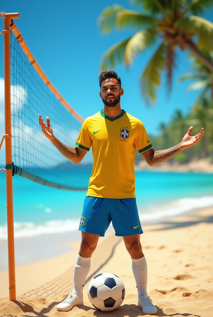 A handsome 27-year-old tall white young man in a men's fashion show on the beach shore wearing a green, yellow and blue Brazilian swimsuit with a beach ball in his hand. Many people applaud him and bubbles are around him. Tight boxer shorts in the colors of the Brazilian flag. Unshaved, white, tall with black hair flaquito 
