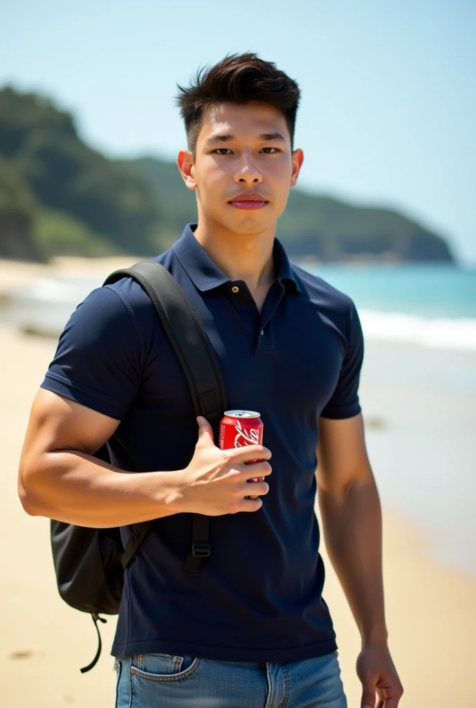 A handsome, muscular young Asian man drinking water, looking at the camera, wearing sport suit, Fieldside, sunlight