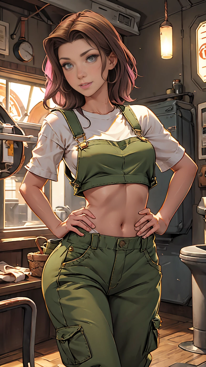 ((1girl)), Jewel Staite as Kaylee from Firefly, ((undone olive green overalls)), ((short pink crop top)), ((long brunette hair)), perfect breasts, sexy pose, thin and skinny, toned body, smile, spaceship engine