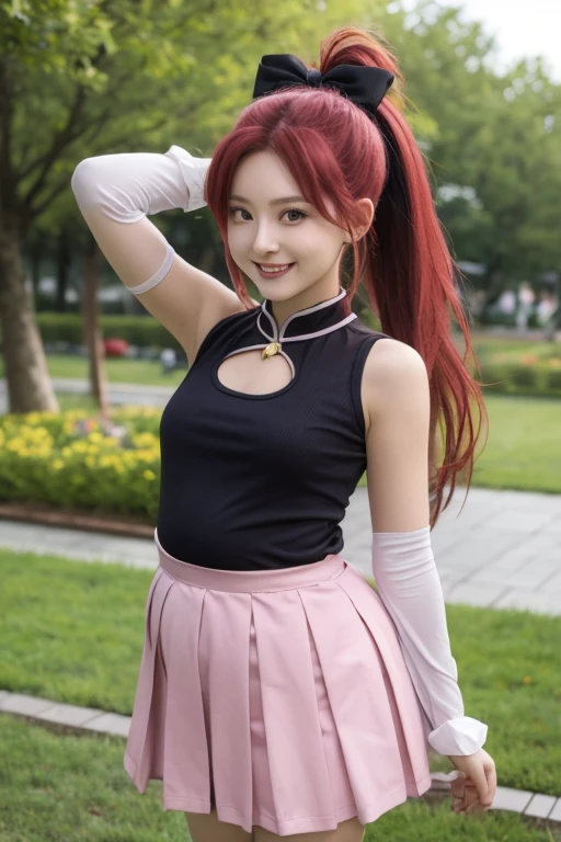  1 girl, Alone, masterpiece,  top quality,  sleeves are detachable,  Magical Girl まどか☆マギカ, Sakura Kyouko, Kyoko Sakura ,  red eyes, tsurime, Red Hair,  long hair,  ponytail,  hair bow, Black Bow,  Magical Girl ,  dress, red  dress,  clevis cut out,  Sleeveless,  Sleeveless  dress, Soul Gem, white sleeve , Wrist Cuff ,  small breasts,  skirt, pink  skirt, pleated  skirt, mini skirt,  thigh high socks, black  thigh high socks,  Cowboy Shot ,  contrapost , looking at viewer,  raise your arms , Under the arms, , smile, :d,  open mouth,  outdoor, garden　Pregnant woman