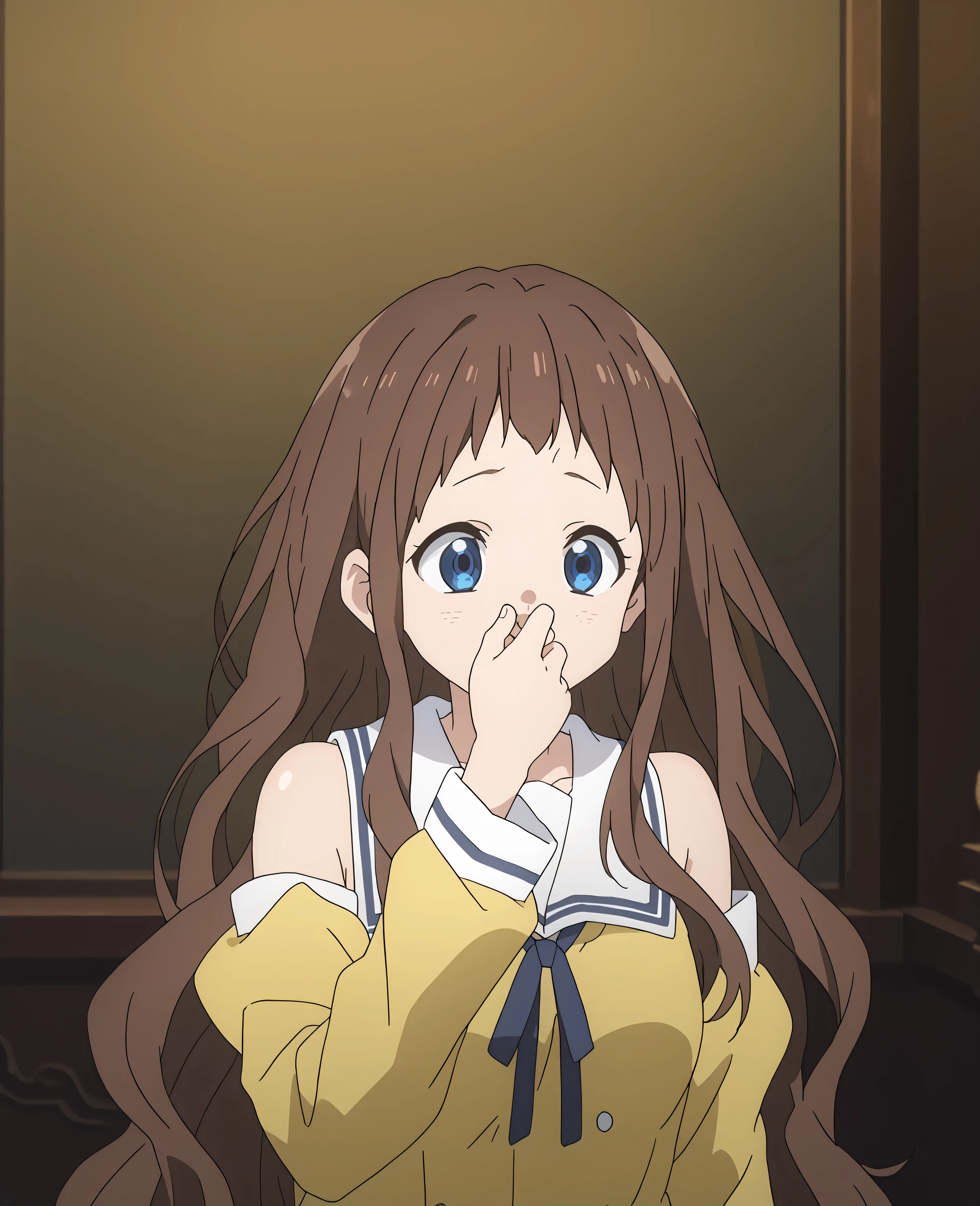 score_9, score_8_up, score_7_up, source_anime,
BREAK
1girl, solo, anime screencap, anime coloring,
Ai shindou, brown hair, long hair, blue eyes,
dress, bare shoulders, very long hair, collarbone, yellow costume, school uniform, medium breasts,
selfnosepinch, covering_own_mouth, smell, steaming body, happy face, smile, surprised, smell,