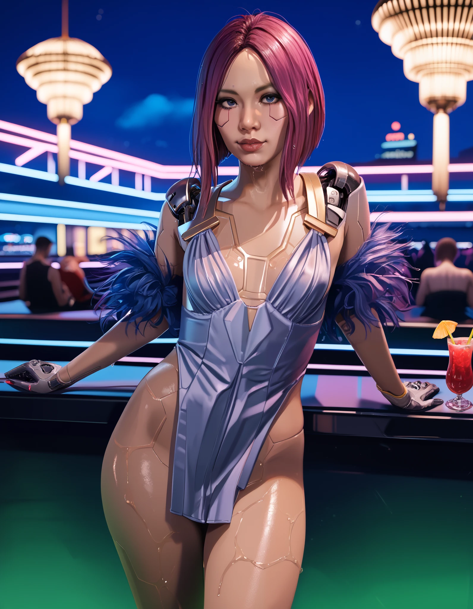 POV NSFW renders of songbird. fancy gold short dress, shapely legs,, , ,  ,cyberware ., anime, female , , ,,Songbird,,, thighs,, , , (pixel sketcher:1.4),, masterpiece,   ,pale skin, detailed Bonifasko lighting, [crepuscular ray], best details, purple shorter hair,, real life,, , depth of field, detailed background], cyberpunk high society cocktail party, casino, city at night , fog,female focus, wet, ,skinny, ,pubic hair, hdark lighting, , solo, dirty textures, glowsticks flashing, . , female focus,, ,,  1girl, , .,female, (Songbird cyberpunk 2077 ), (Songbird:1.2), seductive gaze, femme, , ,,small breasts, ,breast sag , clear details, (, realistic textures, , gloves, , 1girl, one girl, 1girl,jiggle, , delicious shading, life-like rendering, cybernetics, back cybernetics, 
