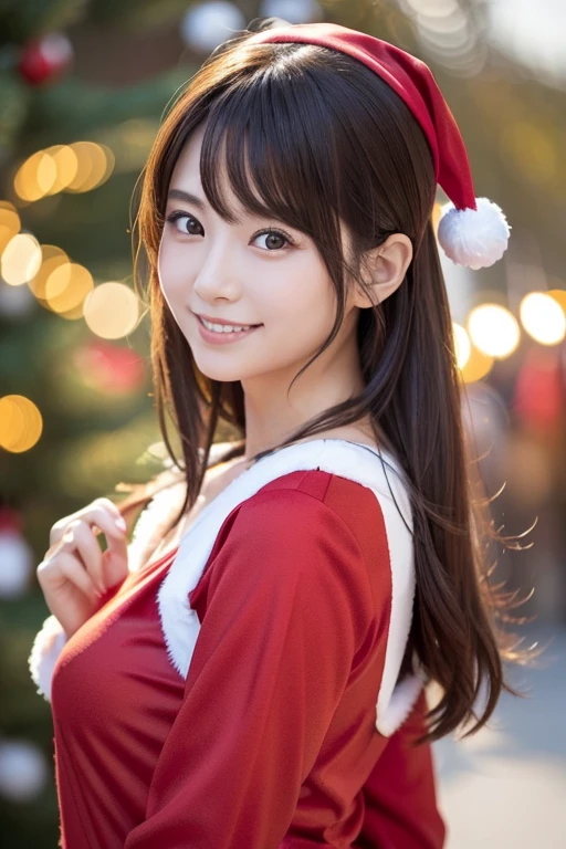 A Japanese model in a bright red Santa cosplay poses for a photo shoot、Bright red outfit、Santa Dress,  looking at camera、Detailed and beautiful eyes、 cute smile、 soft and gentle expression 、 Christmas tree in the background 