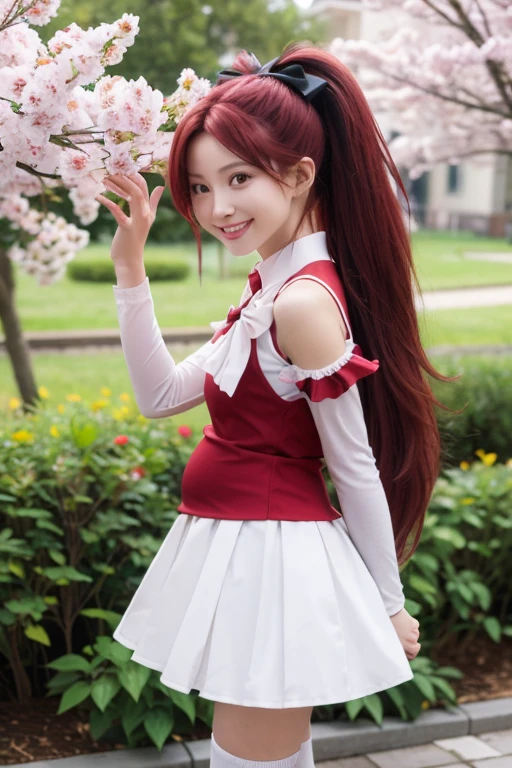  1 girl, Alone, masterpiece,  top quality,  sleeves are detachable,  Magical Girl まどか☆マギカ, Sakura Kyouko, Kyoko Sakura ,  red eyes, tsurime, Red Hair,  long hair,  ponytail,  hair bow, Black Bow,  Magical Girl ,  dress, red  dress,  clevis cut out,  Sleeveless,  Sleeveless  dress, Soul Gem, white sleeve , Wrist Cuff ,  small breasts,  skirt, pink  skirt, pleated  skirt, mini skirt,  thigh high socks, black  thigh high socks,  Cowboy Shot ,  contrapost , looking at viewer,  raise your arms , Under the arms, , smile, :d,  open mouth,  outdoor, garden　Pregnant woman