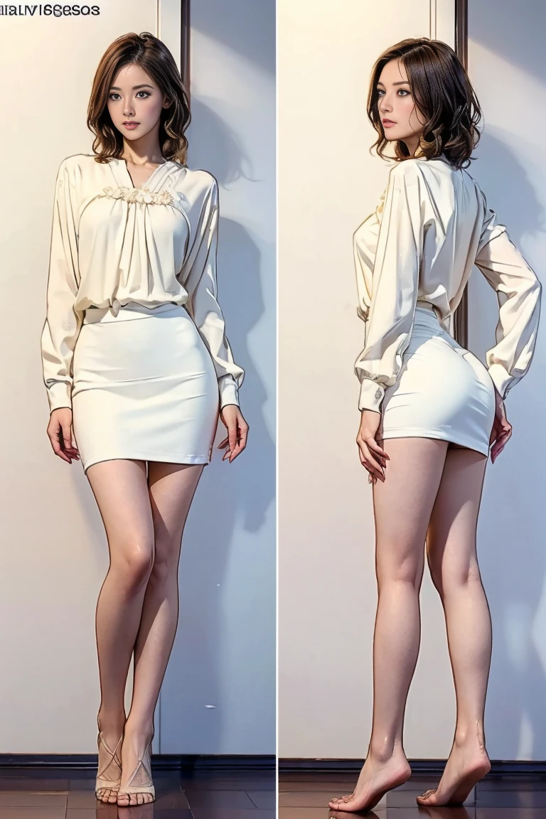 Office Lady、career woman、secretary、fat girl、Full body portrait、Hands on hips、Stand with your feet shoulder-width apart、Simple white background、High heels、Standing on tiptoes、White woman、Brown Hair、Short Hair、