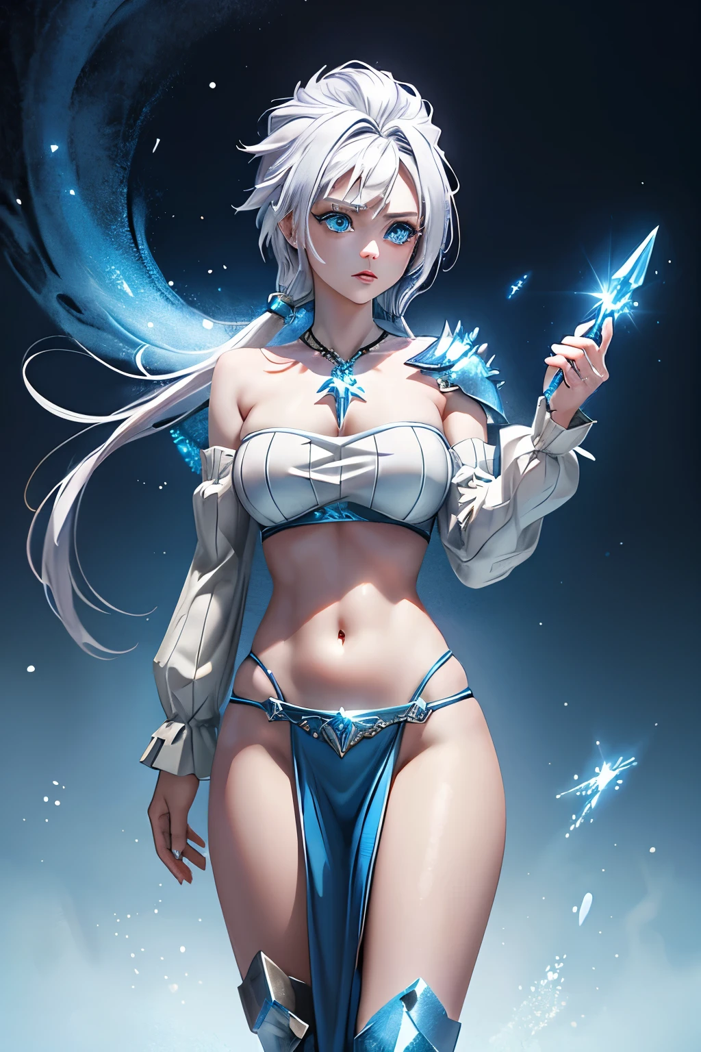 Warrior princess captivating, seductive, icy sword, blizzard, blue icy armor