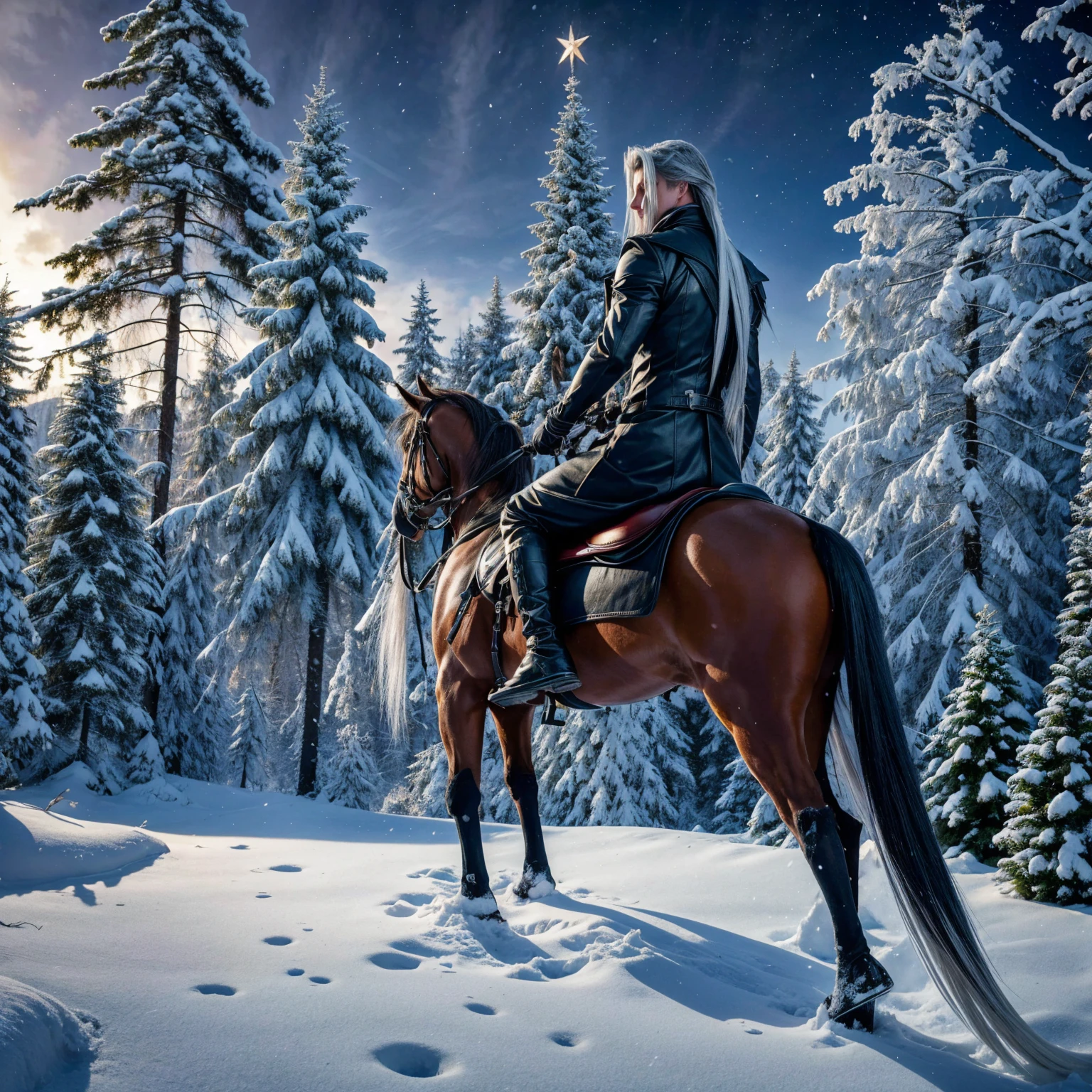  Sephiroth Christmas tree with a winter forest in the background , riding a bird ,  behind a snow-covered ,  high quality photo,  ultra quality, super HD quality,  masterpiece fails,  High detail  