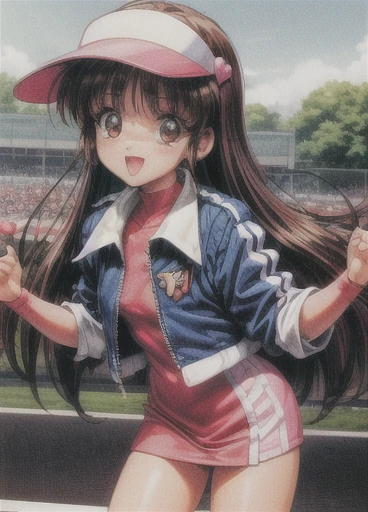 Asusdol,  1 girl, Alone,  visor cap, heart,  hair ornament,  jacket,  dress, open mouth, 1990s ( style for stilets), looking at viewer, smile,  outdoor, null,  Cowboy Shot ,  clevis cut out,  race queen 、lean forward