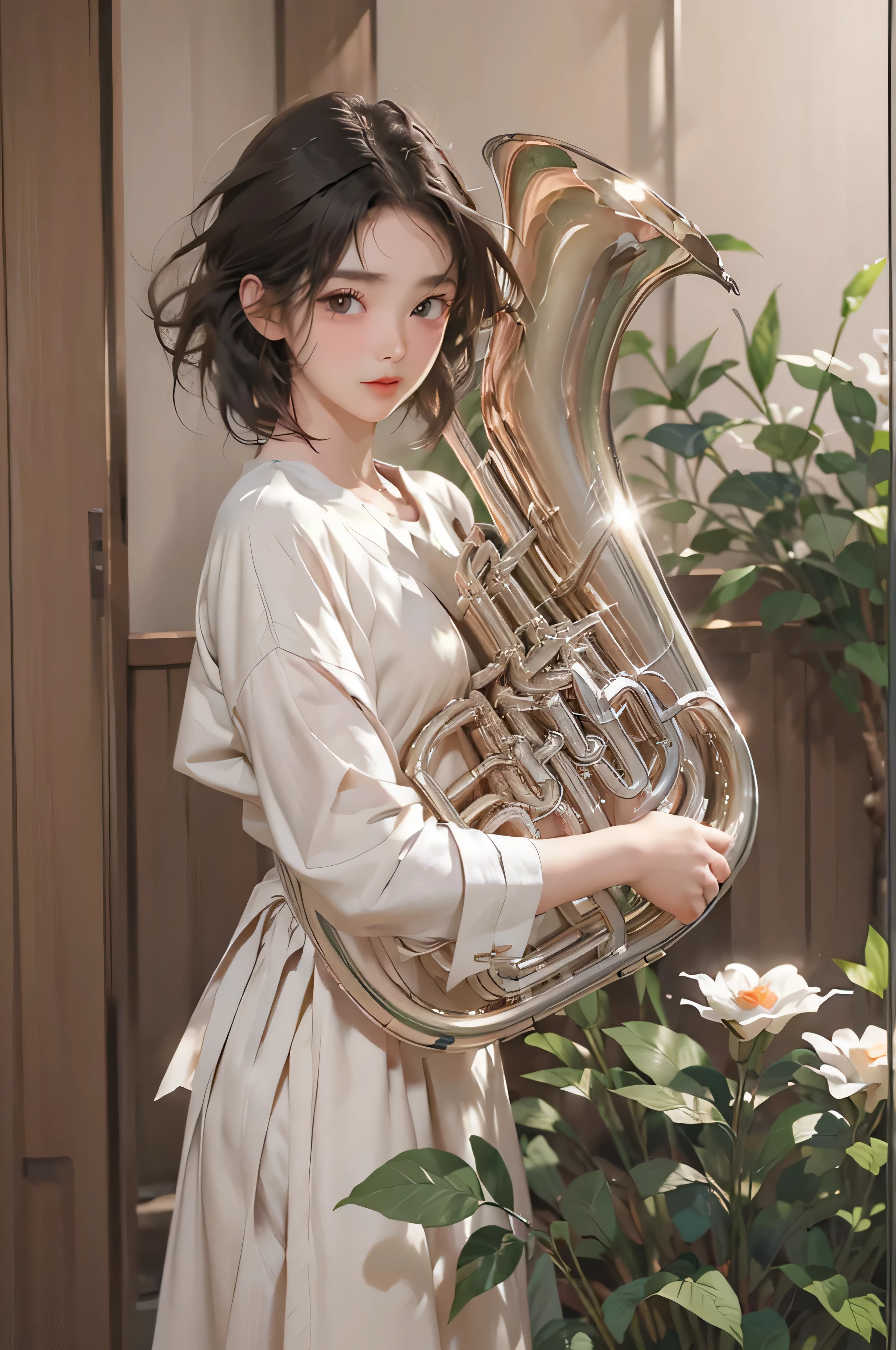 so beautiful, 1 person, (play the euphonium:1.2), alone, (Draw the Euphonium Shape Accurately:1.4)、Standing、(From before)、(A smile that makes everyone around you happy)、Beautiful and fair、Beautiful Skin、Glowing Skin, bright, Refreshing and gentle look, Perfect beautiful face、Beautiful shiny bangs, Small breasts，((Sargent-style watercolor))、(Highest quality、masterpiece)、Soft Light、Indoor Botanical Garden、dome、(Lots of flowers)、Garden with fluttering petals、