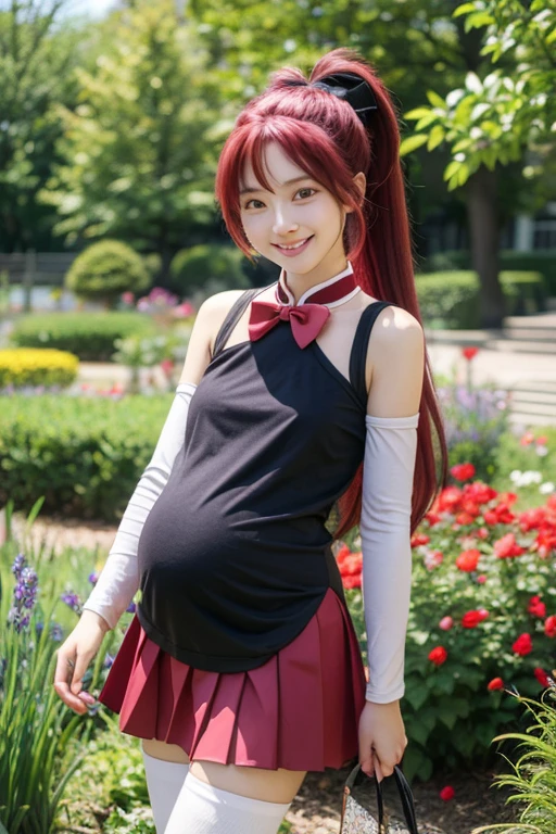  1 girl, Alone, masterpiece,  top quality,  sleeves are detachable,  Magical Girl まどか☆マギカ, Sakura Kyouko, Kyoko Sakura ,  red eyes, tsurime, Red Hair,  long hair,  ponytail,  hair bow, Black Bow,  Magical Girl ,  dress, red  dress,  clevis cut out,  Sleeveless,  Sleeveless  dress, Soul Gem, white sleeve , Wrist Cuff ,  small breasts,  skirt, pink  skirt, pleated  skirt, mini skirt,  thigh high socks, black  thigh high socks,  Cowboy Shot ,  contrapost , looking at viewer,  raise your arms , Under the arms, , smile, :d,  open mouth,  outdoor, garden　Pregnant woman