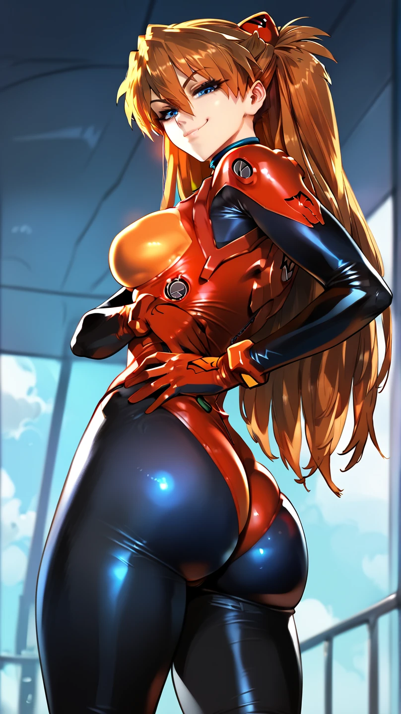 (score 9 up ,  score 8 above ,  highest score , highest quality),
1 girl, Souryuu Asuka Langley, plug suit,  Big Tits, ass, Blue eyes,  interface headphones ,  red body suit ,  looking at the spectator, pilot's uniform, bright clothes, skin tight, hair between eyes,  brown hair, standing, crossed arms, smug look,  smug smile ,  looking down at the viewer, Grabbing his own ass
