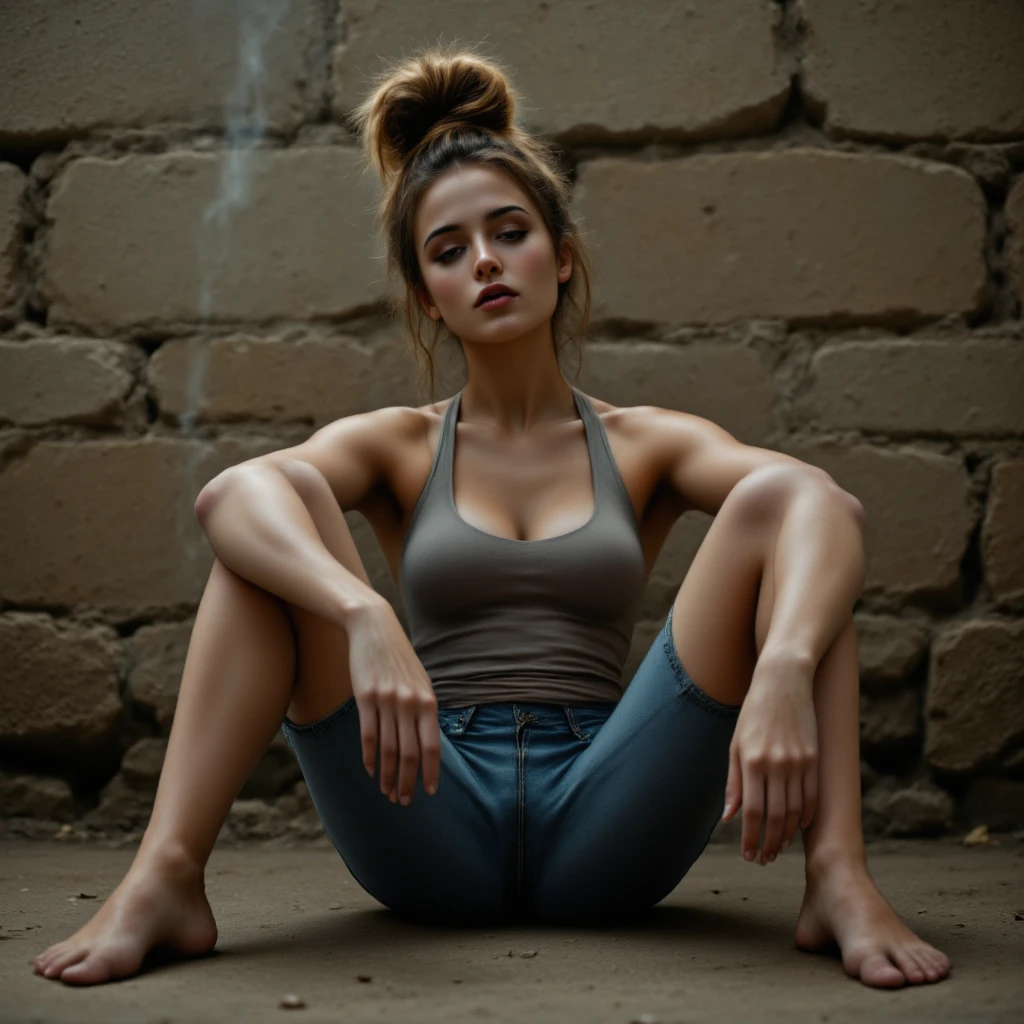 "A young girl kneeling on all fours in front of an aged, weathered brick wall, looking directly into the camera with a calm and thoughtful expression. The lighting is soft and natural, creating subtle shadows on the wall and ground. Her clothes are casual and slightly worn, giving the scene an authentic and raw atmosphere. The background is simple and muted, emphasizing her face and posture as the central focus of the composition. The scene feels intimate and grounded, with attention to small details like her hair slightly tousled and the texture of the wall behind her."