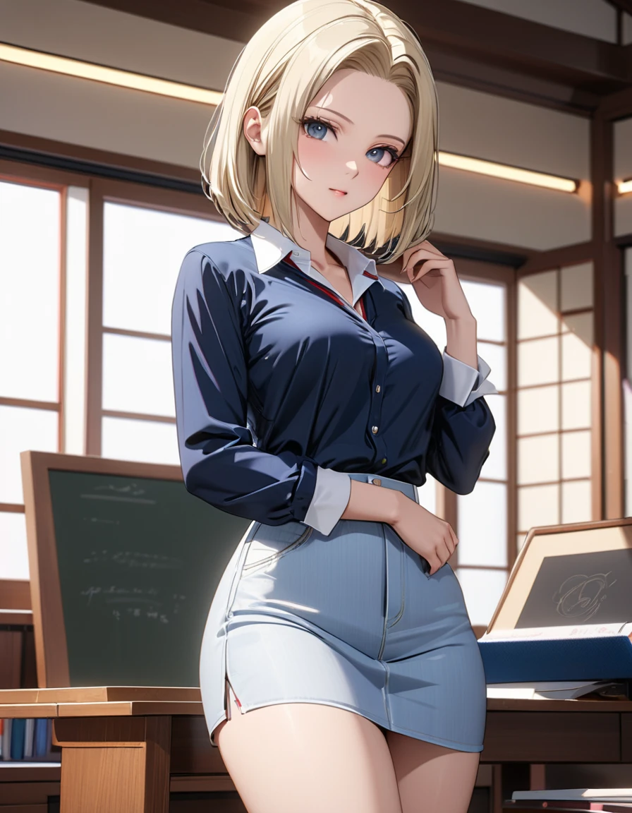 ( Japanese anime style ),  cute, ( android１８Number:1.5),  Cowboy Shot ,  Female Teacher, masterpiece:1.5, masterpiece, highest quality, UHD, retina, masterpiece, accurate anatomy, super detailed, high quality, best quality, 8k