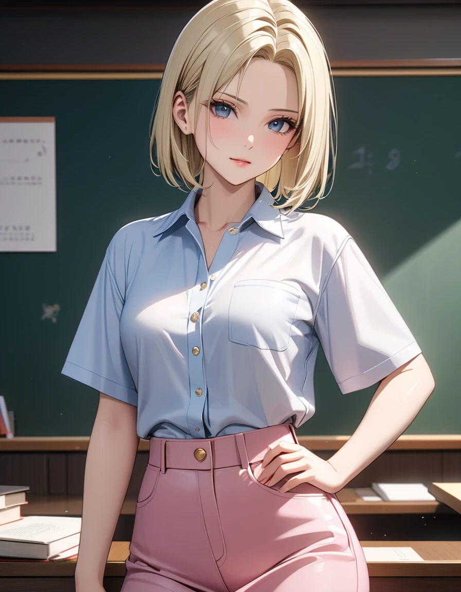 ( Japanese anime style ),  cute, ( android１８Number:1.5),  Cowboy Shot ,  Female Teacher, masterpiece:1.5, masterpiece, highest quality, UHD, retina, masterpiece, accurate anatomy, super detailed, high quality, best quality, 8k