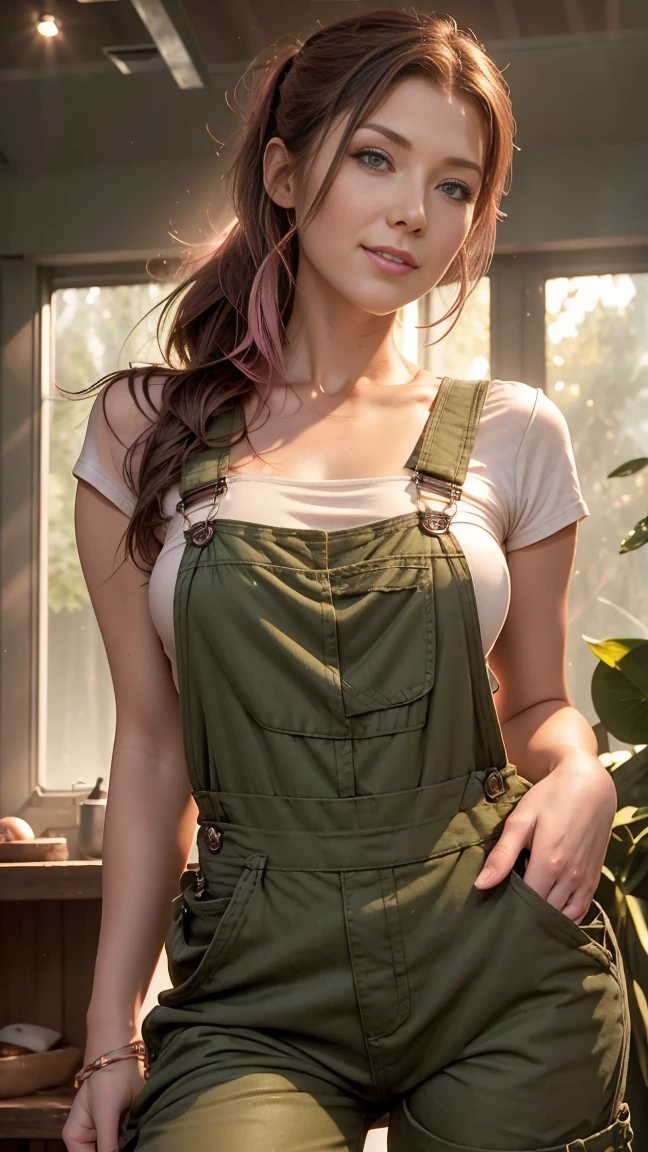 ((1girl)), Jewel Staite as Kaylee from Firefly, ((undone olive green overalls)), ((short pink crop top)), ((long brunette hair)), perfect breasts, sexy pose, thin and skinny, toned body, smile, spaceship engine