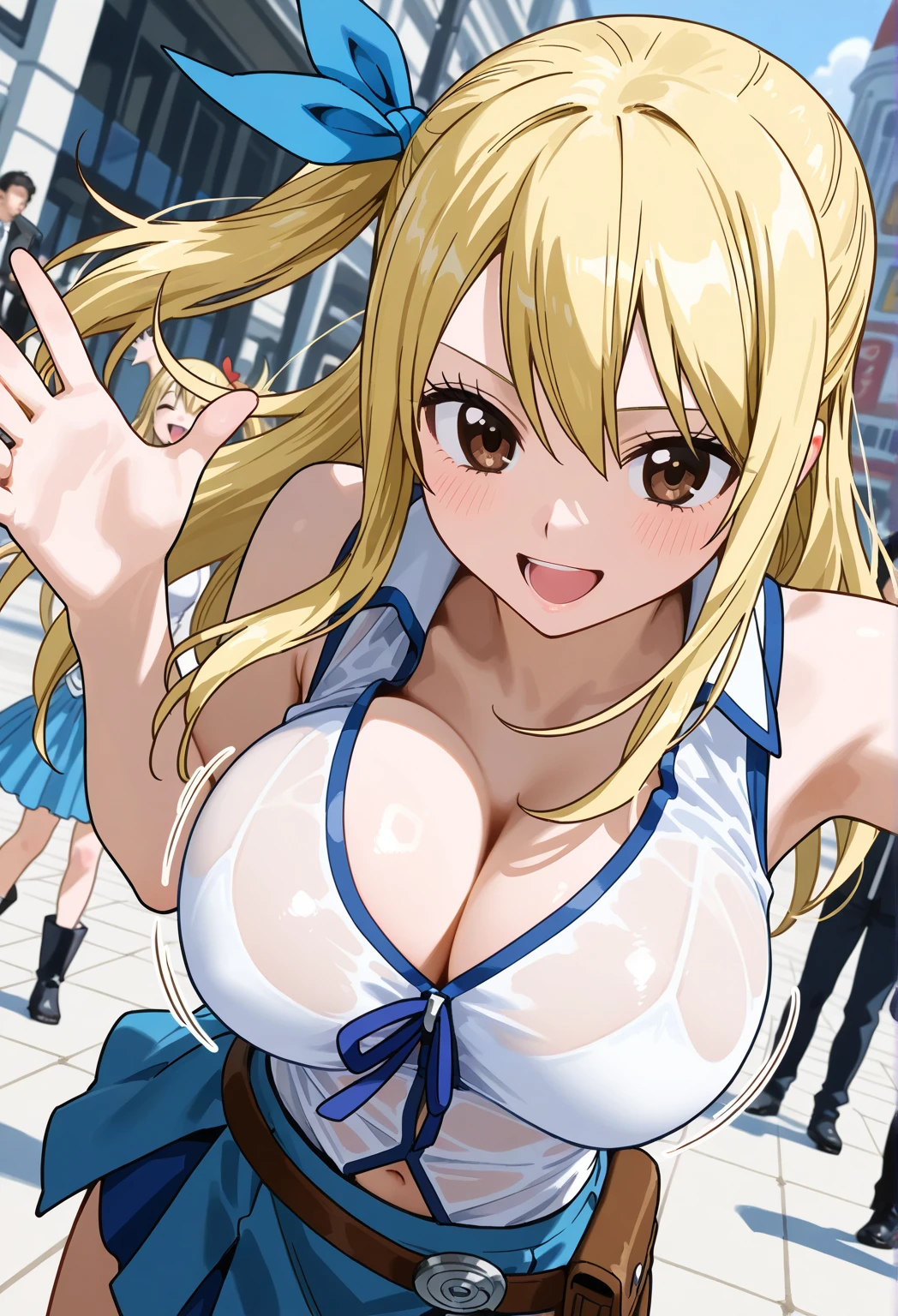   ultra-realistic pictures  、  RAW photo 、  realism、  3d rendering、 Unity Engine , BREAK  Lucy Heartfilia holding a gold key,   Lucy Heartfilia holding a gold key,Alone  ,  Blonde ,   brown eyes ,   long hair,  One side up, ribbon, hair ribbon, blue ribbon,   skirt,   shirt,Bare Skin,(Big Breasts:0.7) ,  boots,   sleeveless, blue   skirt,   sleeveless   shirt, white   shirt, zipper,bouncing breasts:1.2,hopeful, laughing, waving at the camera,fashion model posing,Viewers,   bust up, Alone,   Dutch Angle ,Hanging breasts、  cleavage、 Upper Body Closeup 、see-through shirt:1.3,