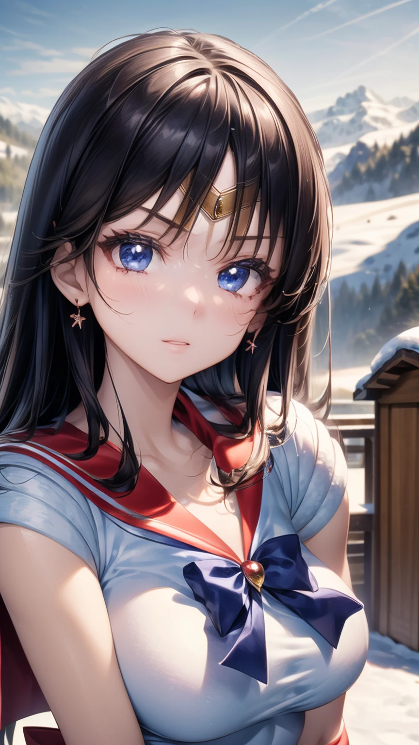 (masterpiece:1.2)最 High Quality 、 high definition、unified 8k wallpaper、( illustrations:0.8)、( beautiful details:1.2 beautiful details:1.2)、Full photo 、 very detailed CG、(perfect hand、 Perfect Anatomy)

 sailor sensi uniform shiny hair shiny skin
mature woman、Married women、 cute, beautiful and charming woman {x} soft and gentle appearance and gentle motherly vibe 、 muscular、I don't have breasts

Mars _a、 tiara 、 jewelry、 earrings、 black hair、 straight long hair 、Big Bust、 white elbow gloves 、 Red Skirt 、Beautiful detailed face、Knee Boots、Red Choker、 red sailor color 
((Depict the whole body 、 high definition、 anatomically correct、 best quality))
Get on both knees
((Outdoor、 snowy mountains、Snowfield、 cheeks are slightly red :1.5)))ONE GIRL、alone、 high definition、 anatomically correct最 High Quality 、 Masterpiece、最 High Quality 、超 high definition、 High Quality 、超詳細で High Quality 、