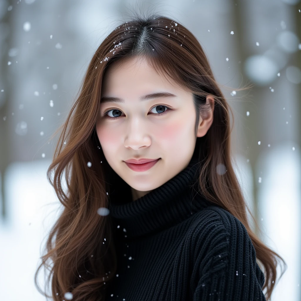 A close-up portrait of a beautiful East-Asian woman with long, wavy brown hair flowing over her shoulders, standing outdoors on a snowy day. She wears a cozy black knitted sweater, contrasting with the soft, white snowy background. Her gentle smile and warm gaze are highlighted by her smooth, radiant skin and natural makeup. The softly blurred background of snow-covered trees creates a serene and peaceful winter atmosphere, perfectly complementing her calm and elegant appearance