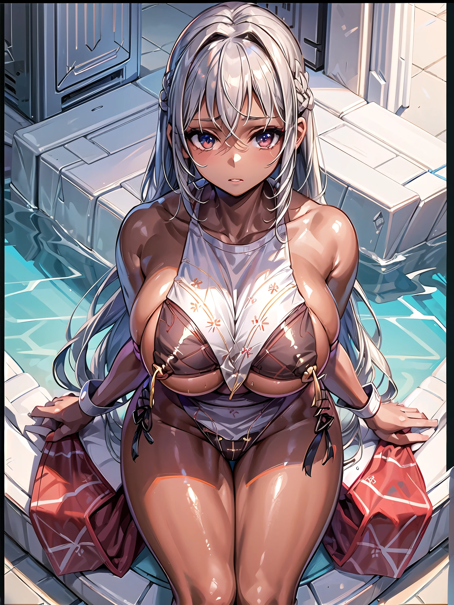 (( top quality)), ((masterpiece)),  ((One young girl))dark skin, Silver Hair,sexy bikini+waitress,long hair,huge boobs,big ass, thick legs,Baby Face. short,,Pool、
