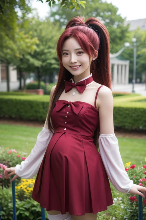  1 girl, Alone, masterpiece,  top quality,  sleeves are detachable,  Magical Girl まどか☆マギカ, Sakura Kyouko, Kyoko Sakura ,  red eyes, tsurime, Red Hair,  long hair,  ponytail,  hair bow, Black Bow,  Magical Girl ,  dress, red  dress,  clevis cut out,  Sleeveless,  Sleeveless  dress, Soul Gem, white sleeve , Wrist Cuff ,  small breasts,  skirt, pink  skirt, pleated  skirt, mini skirt,  thigh high socks, black  thigh high socks,  Cowboy Shot ,  contrapost , looking at viewer,  raise your arms , Under the arms, , smile, :d,  open mouth,  outdoor, garden　Pregnant woman　 Magical Girl 服