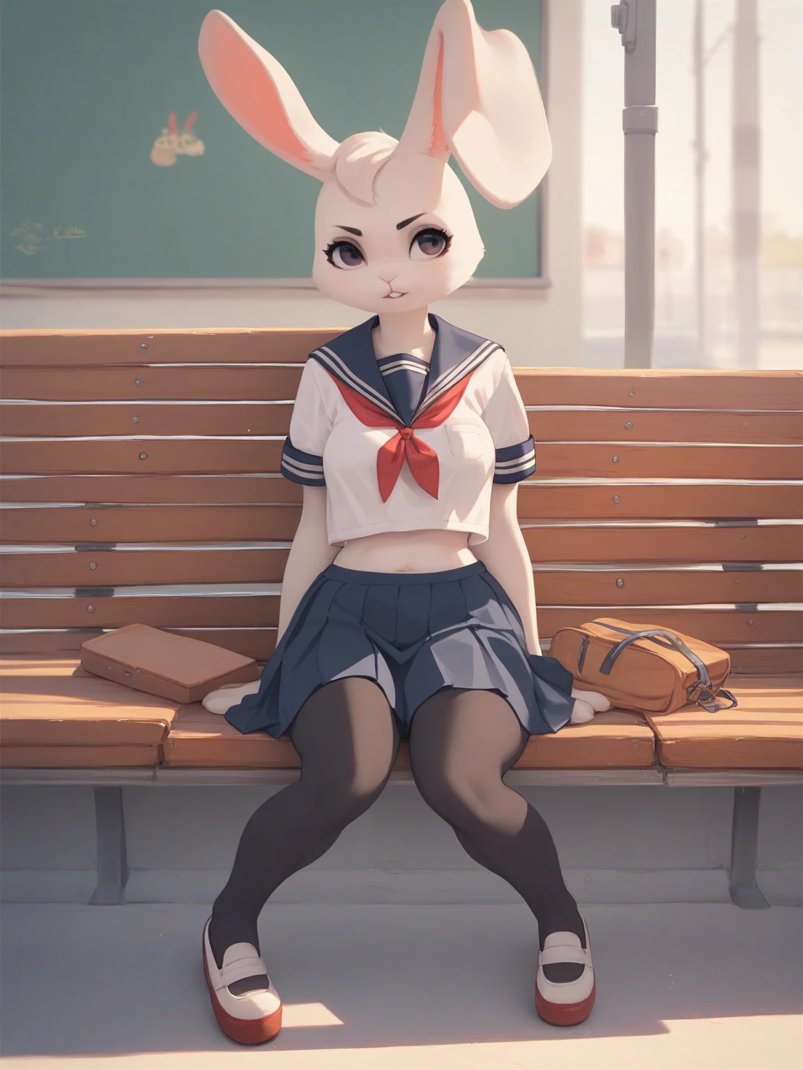 Shopping cart ride, chibi, chibi character school swimsuit, thick eyebrows, (huge backpack: 1.5), (dark skin: 1.3), brown skin, movie lighting, small, rabbit ears, (masterpiece), ((best quality)), (super detailed), glossy skin, full body anime girl, clean and detailed anime face, high resolution anime eyes, five fingers, textile shading, perfect human structure, perfect anatomy,