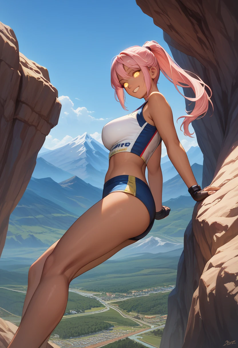 { - anatomy error} , ((Best Quality)), ((masterpiece)), (detailed), score_9,score_8_up,score_7_up,1 woman, pink hair, glowing gold eyes, ponytail, dark skin, climbing a mountain, smiling, looking down, ((downward shot)), wearing a mountaineering clothing, background is the top of a mountain panorama