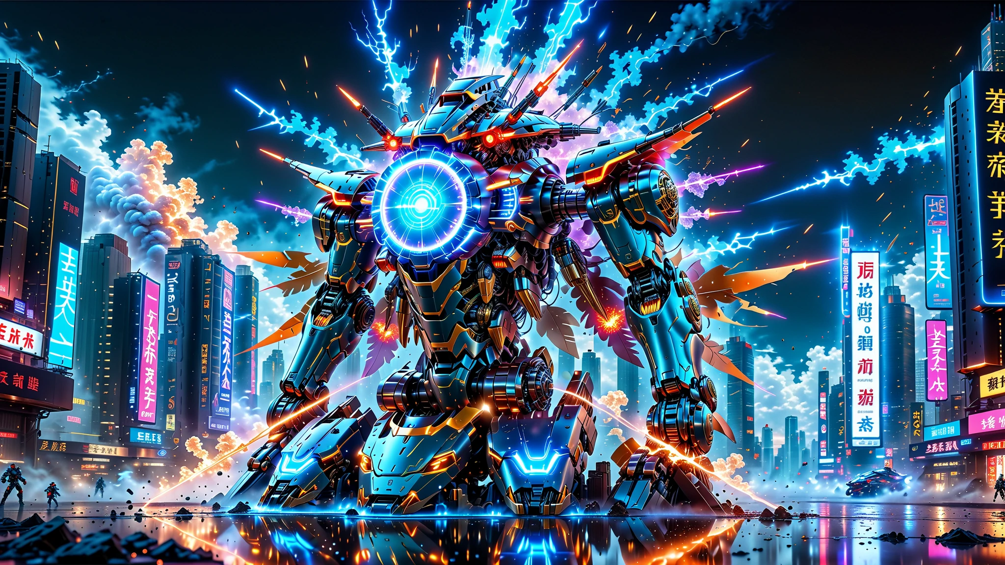 A Masterpiece In 32K Resolution, Supreme Quality, Super Detail, Official Art, Very High-Resolution 32K Wallpaper, Beautiful And Aesthetic, Ultra-Detailed Features, Awe-Inspiring Detail. An Anime-Style Mecha Robot Engaged In A Dynamic Battle In A Futuristic City. The Mecha Has Sleek, Modern Lines With Glowing Energy Cores, And It’s Surrounded By Explosions And Laser Beams. The Background Features A Crumbling Cityscape With Neon Signs, Adding A Sci-Fi Vibe.