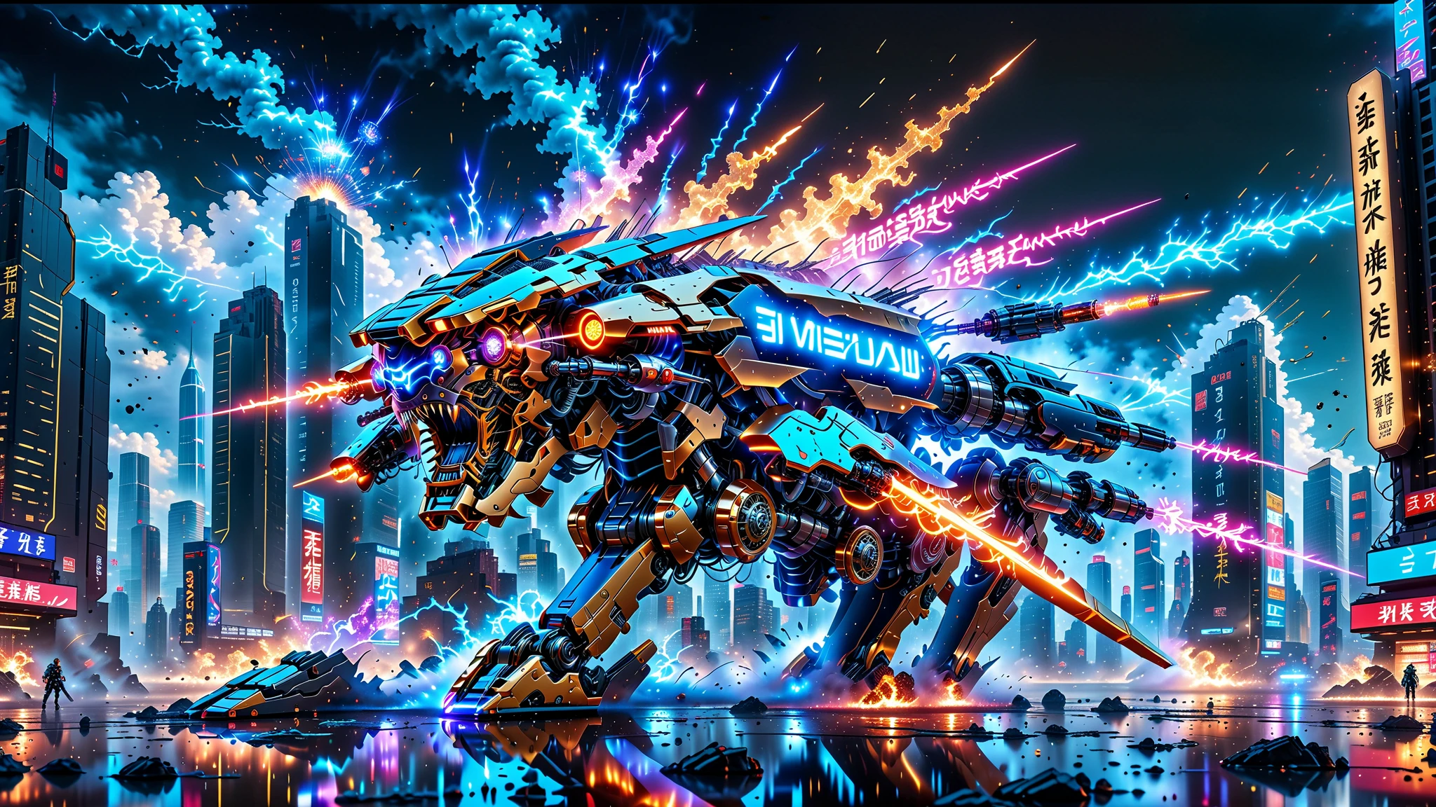 A Masterpiece In 32K Resolution, Supreme Quality, Super Detail, Official Art, Very High-Resolution 32K Wallpaper, Beautiful And Aesthetic, Ultra-Detailed Features, Awe-Inspiring Detail. An Anime-Style Mecha Robot Engaged In A Dynamic Battle In A Futuristic City. The Mecha Has Sleek, Modern Lines With Glowing Energy Cores, And It’s Surrounded By Explosions And Laser Beams. The Background Features A Crumbling Cityscape With Neon Signs, Adding A Sci-Fi Vibe.