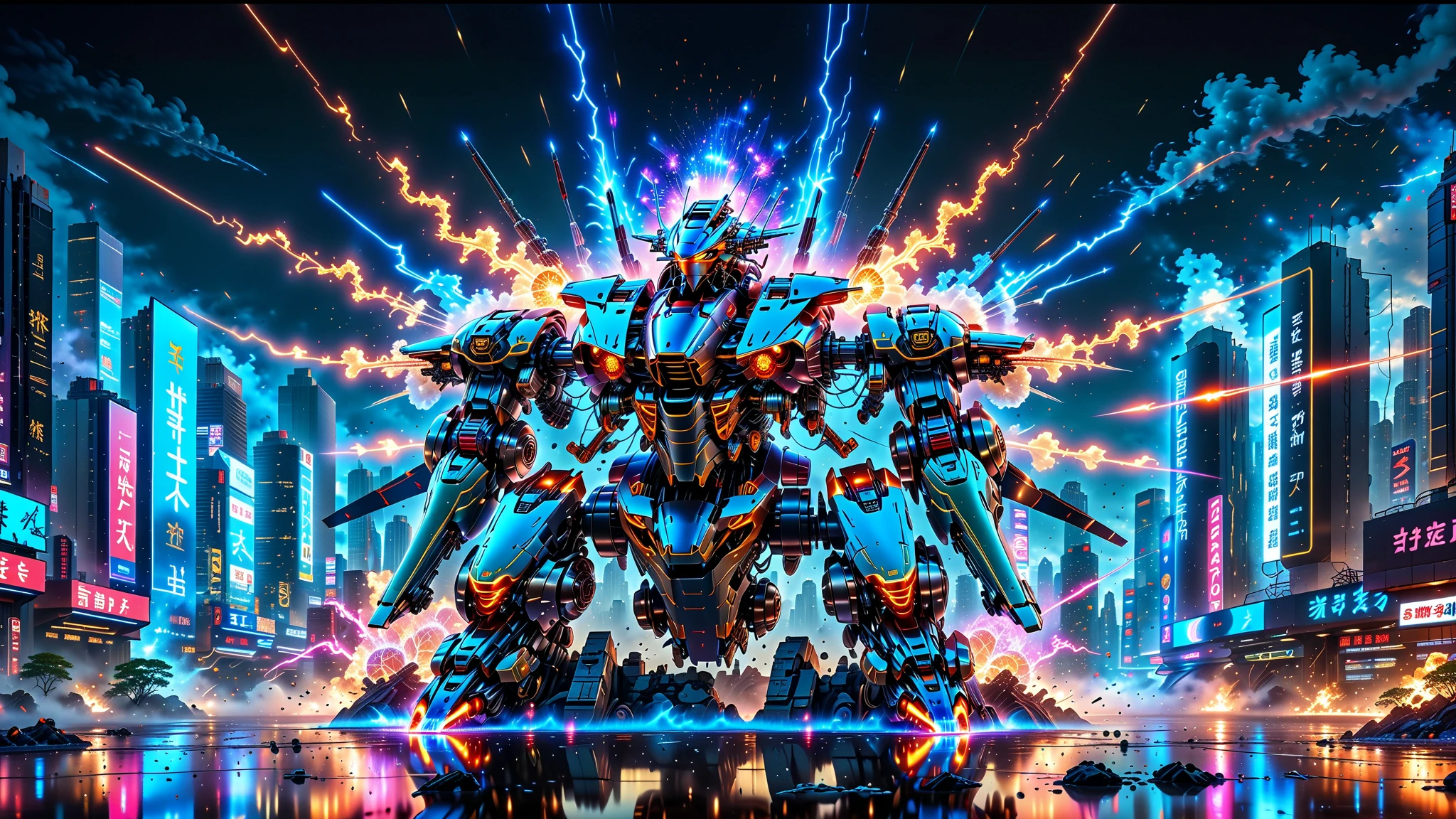 A Masterpiece In 32K Resolution, Supreme Quality, Super Detail, Official Art, Very High-Resolution 32K Wallpaper, Beautiful And Aesthetic, Ultra-Detailed Features, Awe-Inspiring Detail. An Anime-Style Mecha Robot Engaged In A Dynamic Battle In A Futuristic City. The Mecha Has Sleek, Modern Lines With Glowing Energy Cores, And It’s Surrounded By Explosions And Laser Beams. The Background Features A Crumbling Cityscape With Neon Signs, Adding A Sci-Fi Vibe.