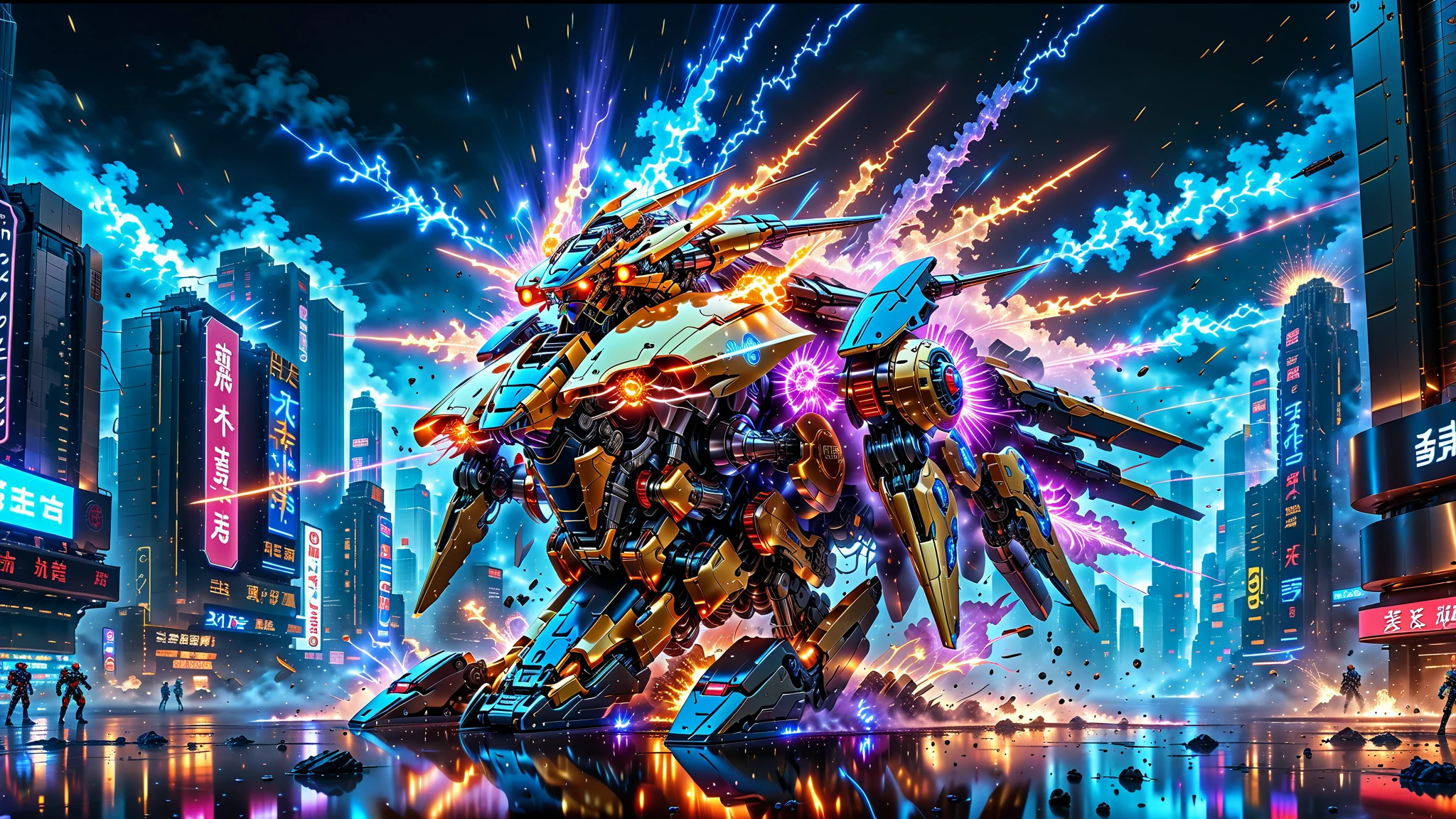 A Masterpiece In 32K Resolution, Supreme Quality, Super Detail, Official Art, Very High-Resolution 32K Wallpaper, Beautiful And Aesthetic, Ultra-Detailed Features, Awe-Inspiring Detail. An Anime-Style Mecha Robot Engaged In A Dynamic Battle In A Futuristic City. The Mecha Has Sleek, Modern Lines With Glowing Energy Cores, And It’s Surrounded By Explosions And Laser Beams. The Background Features A Crumbling Cityscape With Neon Signs, Adding A Sci-Fi Vibe.