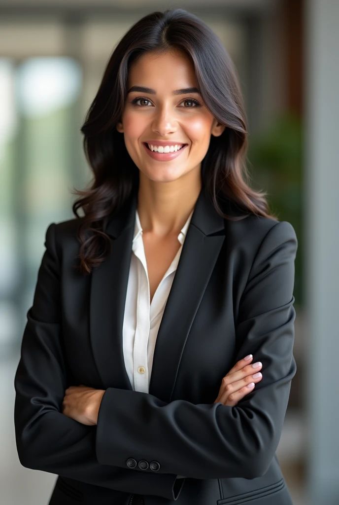 Latin woman, of 1,80 meters high, slim brunette,  straight black hair without waves, large eyes, elongated profile , threaded nose, medium thick lips, with a beautiful smile, professional, sophisticated executive,  the same face.from the suggested image,  but this time in an auditorium, giving a lecture,  dressed in white,  Speaking through a microphone in an auditorium.. 
