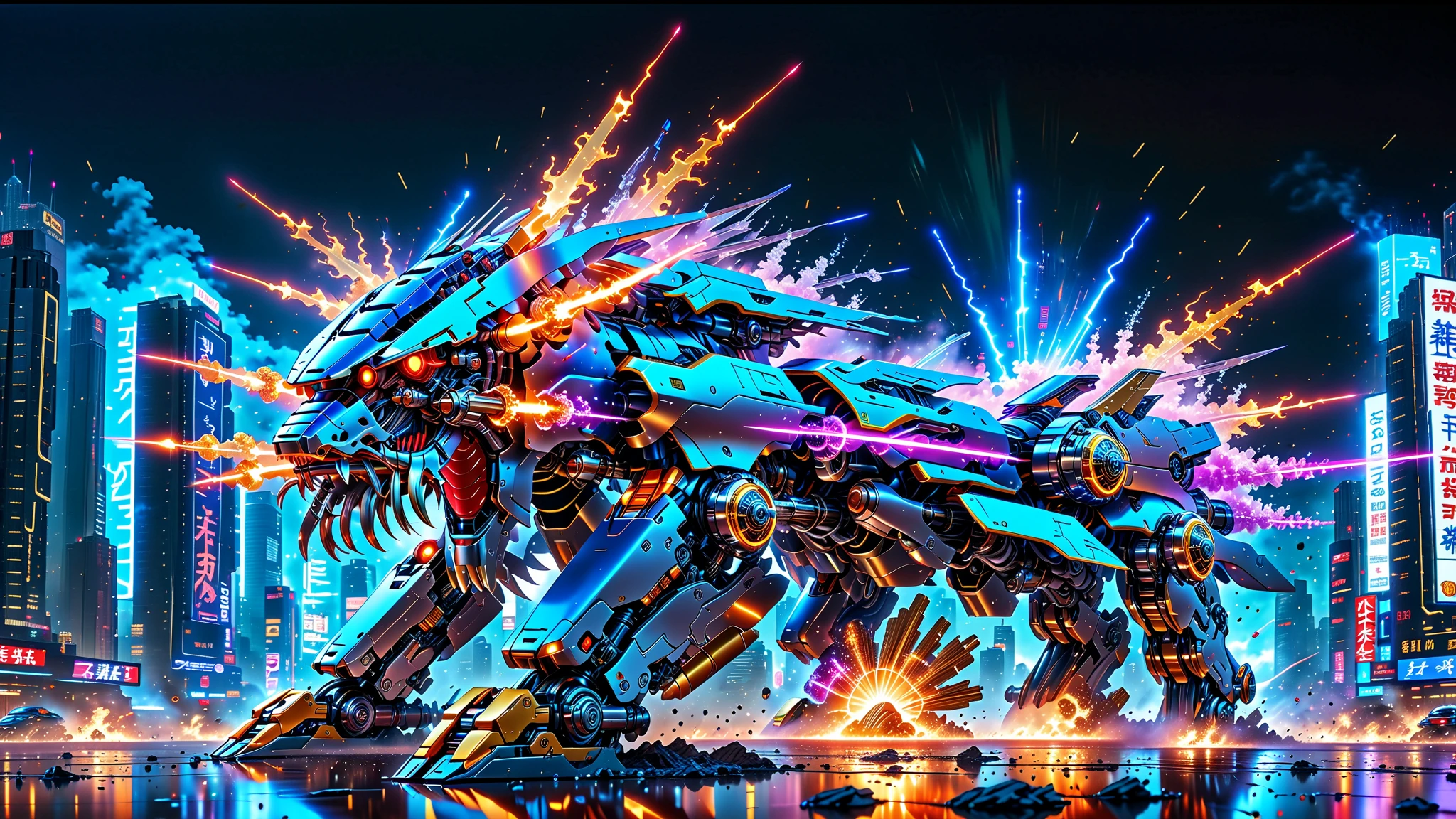 A Masterpiece In 32K Resolution, Supreme Quality, Super Detail, Official Art, Very High-Resolution 32K Wallpaper, Beautiful And Aesthetic, Ultra-Detailed Features, Awe-Inspiring Detail. An Anime-Style Mecha Robot Engaged In A Dynamic Battle In A Futuristic City. The Mecha Has Sleek, Modern Lines With Glowing Energy Cores, And It’s Surrounded By Explosions And Laser Beams. The Background Features A Crumbling Cityscape With Neon Signs, Adding A Sci-Fi Vibe.