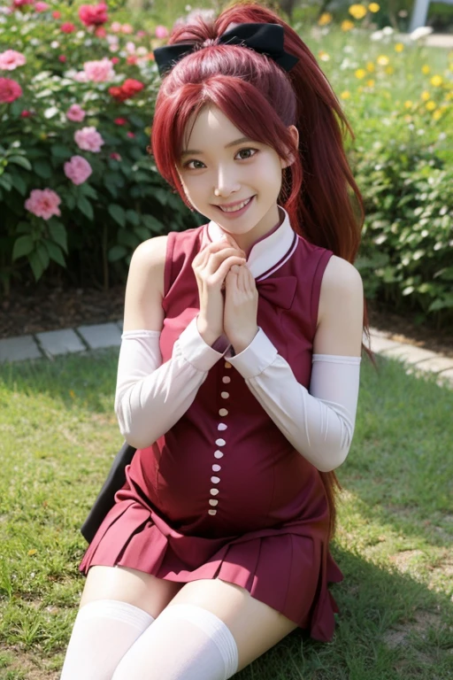  1 girl, Alone, masterpiece,  top quality,  sleeves are detachable,  Magical Girl まどか☆マギカ, Sakura Kyouko, Kyoko Sakura ,  red eyes, tsurime, Red Hair,  long hair,  ponytail,  hair bow, Black Bow,  Magical Girl ,  dress, red  dress,  clevis cut out,  Sleeveless,  Sleeveless  dress, Soul Gem, white sleeve , Wrist Cuff ,  small breasts,  skirt, pink  skirt, pleated  skirt, mini skirt,  thigh high socks, black  thigh high socks,  Cowboy Shot ,  contrapost , looking at viewer,  raise your arms , Under the arms, , smile, :d,  open mouth,  outdoor, garden　Pregnant woman　 Magical Girl 服