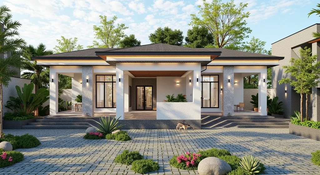 PLATFORM KTHOUSE, 1 morden villa, slope roof, main material of villa about build color wall:1.2 glass panel:1.1 and stone:1.2, 1large yard, 1 road runs in front of the house, (RAW photo, real, best quality, masterpiece:1.2), look morden minimalist, 1 road in front of the house, dynamic lighting:1.3, (hyper realistic, photo-realistic:1.2), high quality, (dark lighting:1.2), perfect lighting, archdaily, no human, light at 12 noon, light in door:1.2