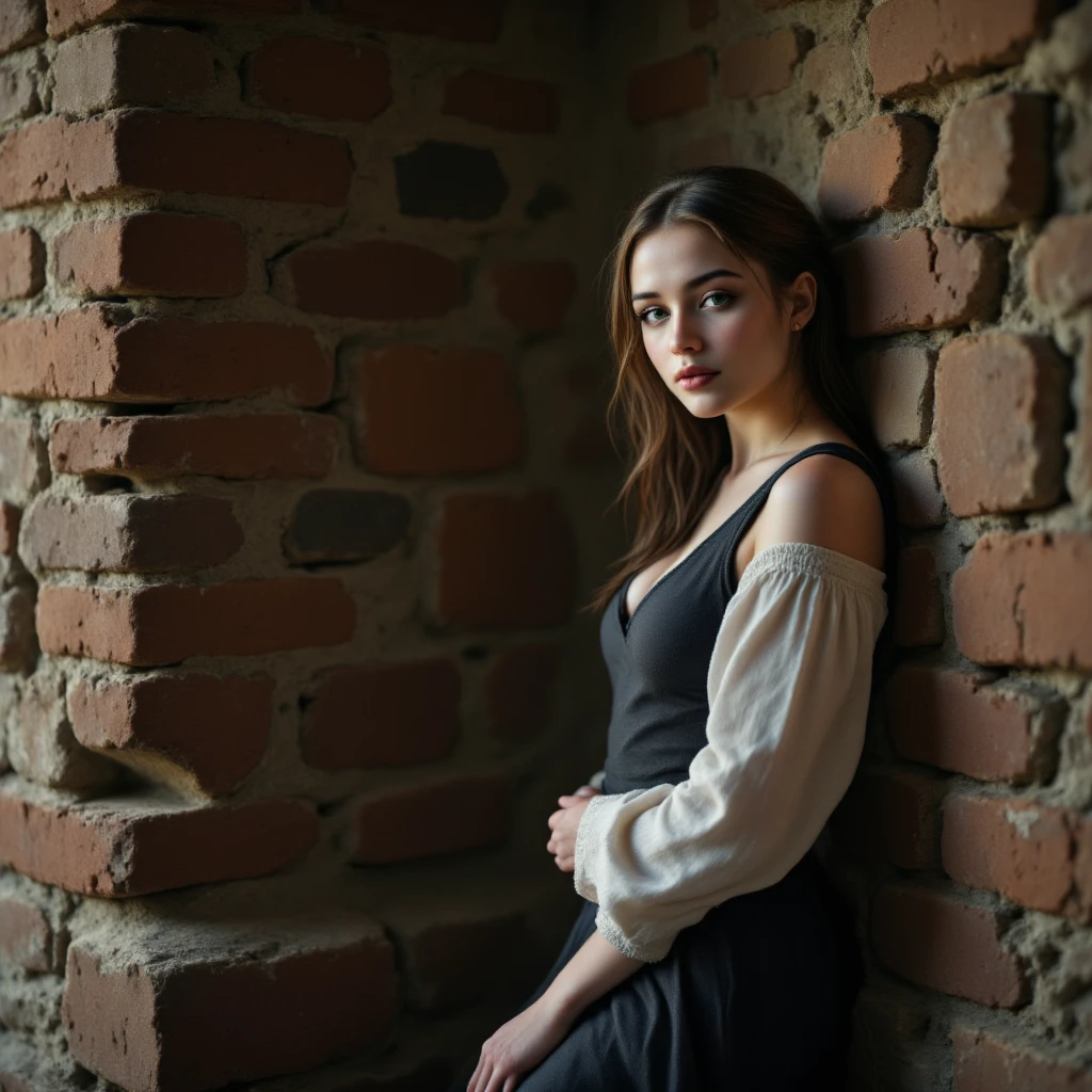 "A young girl standing in front of an old, weathered brick wall, her body positioned sideways to the camera, highlighting her profile. She turns her head slightly to look directly into the camera, her expression calm and introspective. The lighting is soft and diffused, casting gentle shadows that accentuate the contours of her face and body. Her outfit is casual yet subtly textured, complementing the rough surface of the wall. The background remains simple, focusing attention on her posture and the interaction between her profile and the camera's perspective. The mood is thoughtful and understated, emphasizing authenticity and quiet strength."