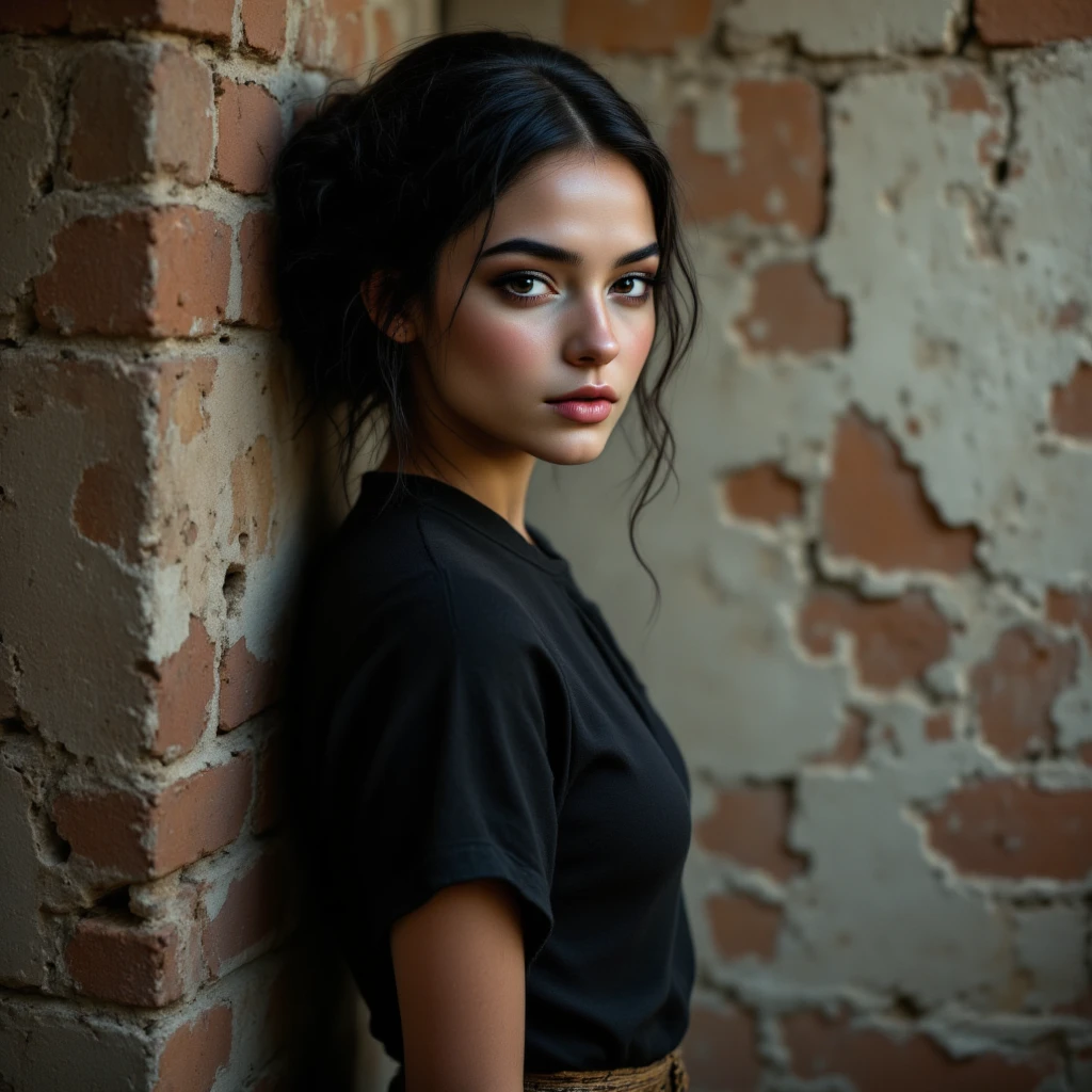 "A young girl standing in front of an old, weathered brick wall, her body positioned sideways to the camera, highlighting her profile. She turns her head slightly to look directly into the camera, her expression calm and introspective. The lighting is soft and diffused, casting gentle shadows that accentuate the contours of her face and body. Her outfit is casual yet subtly textured, complementing the rough surface of the wall. The background remains simple, focusing attention on her posture and the interaction between her profile and the camera's perspective. The mood is thoughtful and understated, emphasizing authenticity and quiet strength."