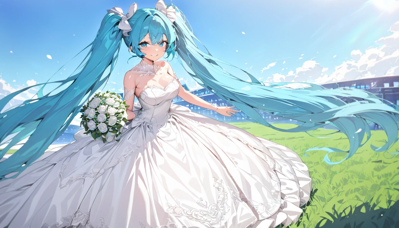 girl masterpiece, best quality high resolution, twintails, blue hair, blue eyes, very long hair, middle breast, detailed face, beautiful shape,  hatsune miku, wearing white wedding dress, white heel, holding flower bouquet, running, smiling, giving hand to the viewer, blue sky, turf,