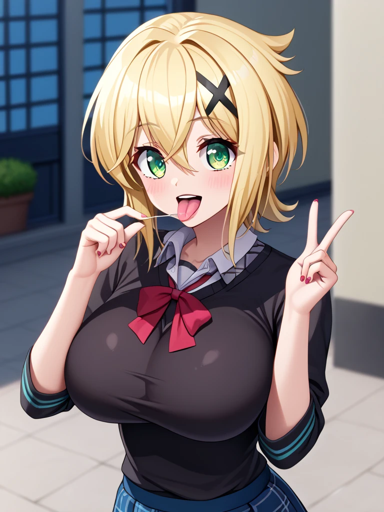 akatsuki kirika,blonde hair,1girl,solo,green eyes,looking,huge breasts,x hair ornament,short hair,school uniform,(((panicking))),put string pants in mouth,((runing In the city)),city,((masterpiece)), ((best quality)), (ultra-detailed), ((extremely detailed)), 4K, (8K), best quality, (beautiful),(naughty :1.4),(latex skin: 1.1) and (perfect shiny skin: 1.2) and (damp skin: 1.1),((Five fingers)),((Perfect hands)),